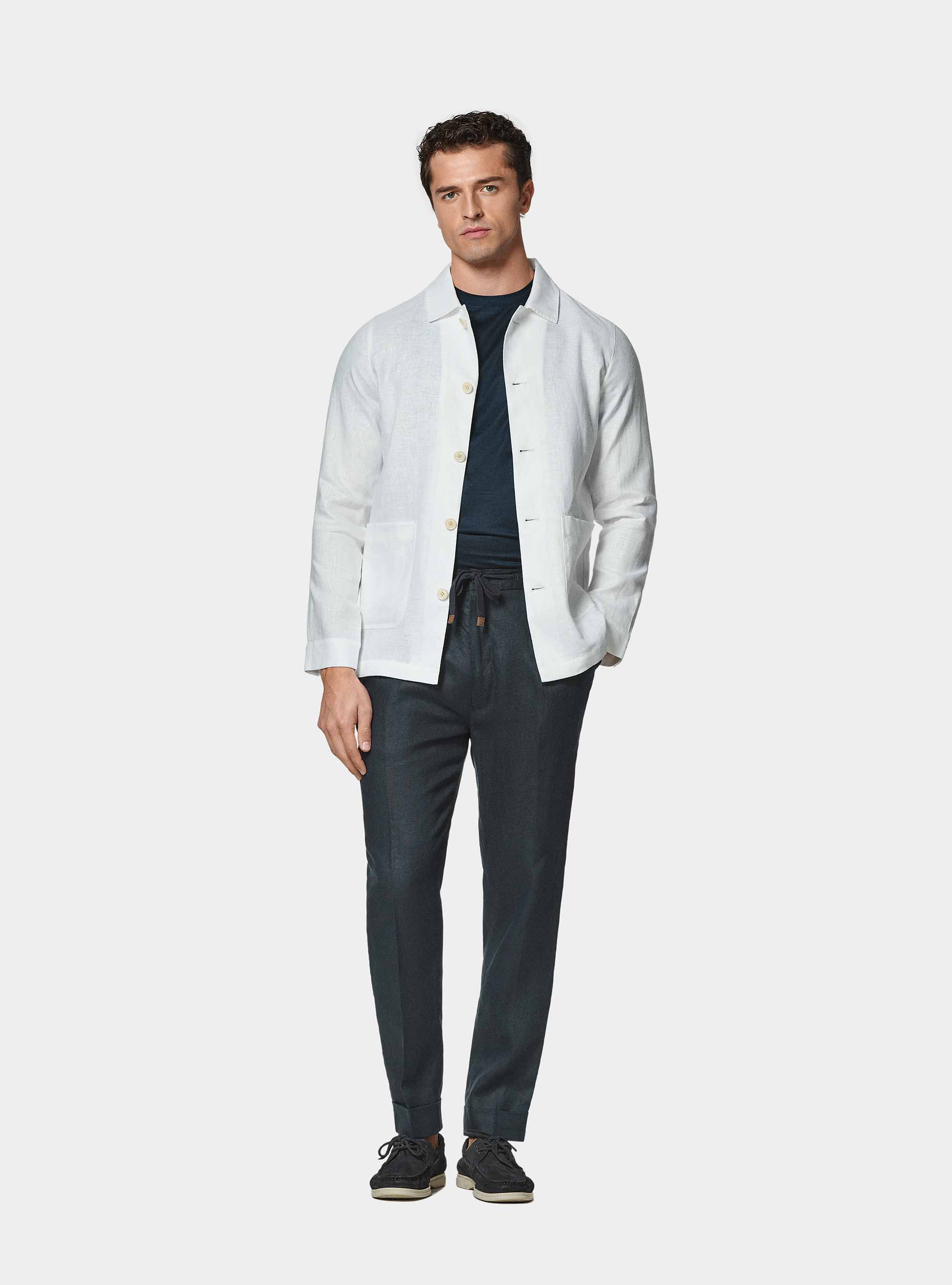 Giacca camicia in puro lino, BIANCO