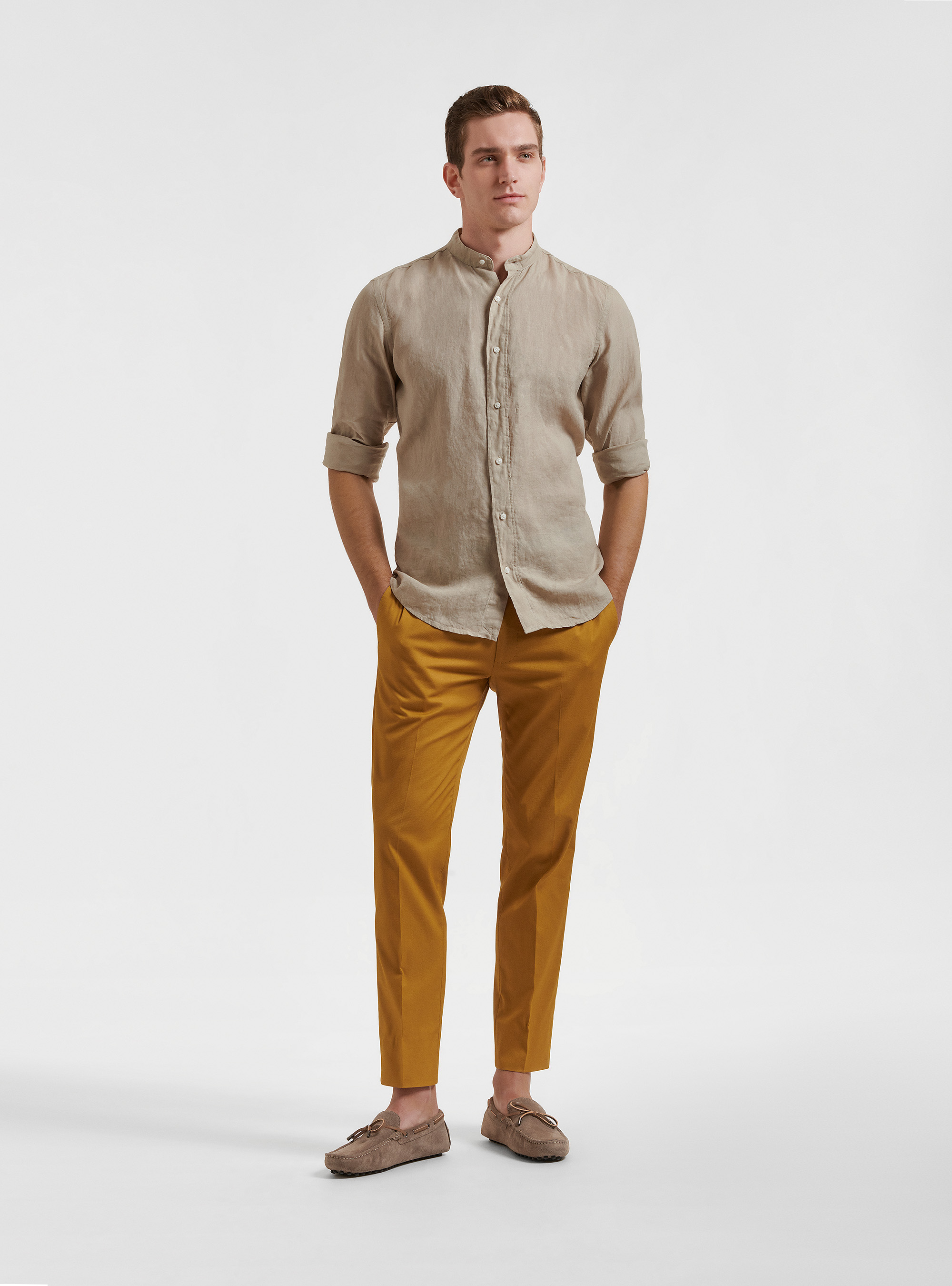 Camicia collo coreano 100% lino, SABBIA