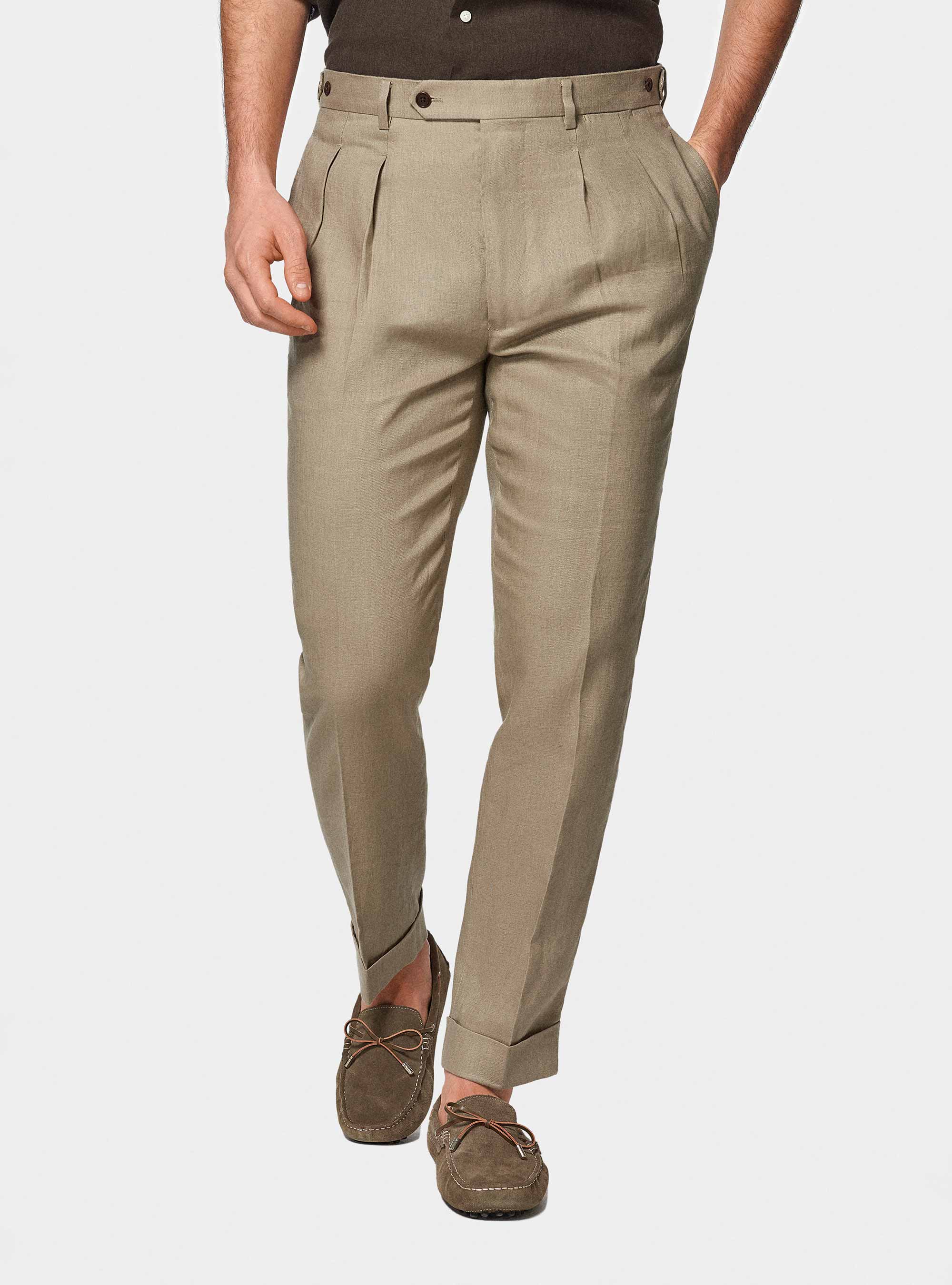 Pantalon &agrave; double couture en pur lin, BOUE
