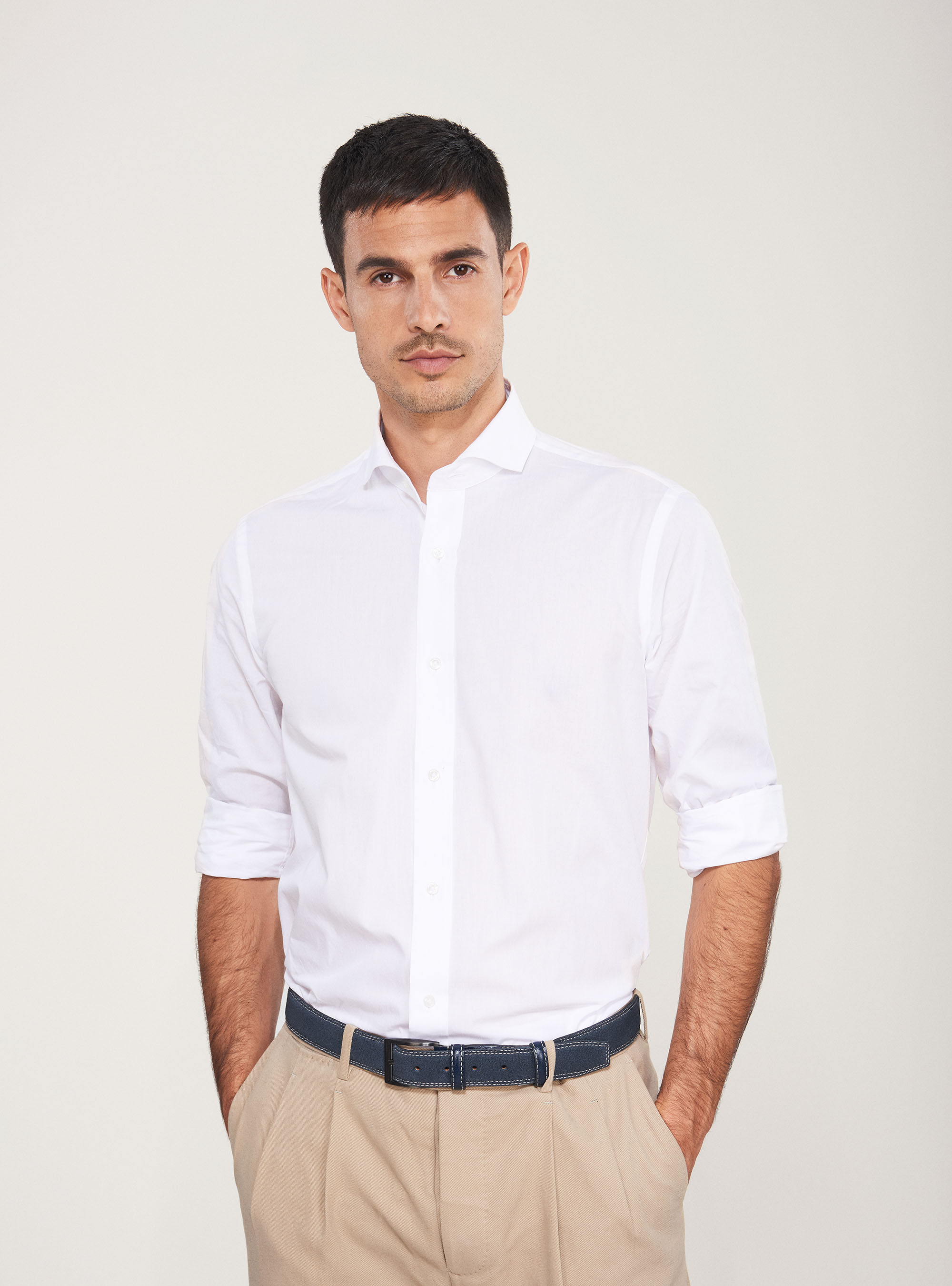 Cotton fil a fil French collar shirt, WHITE