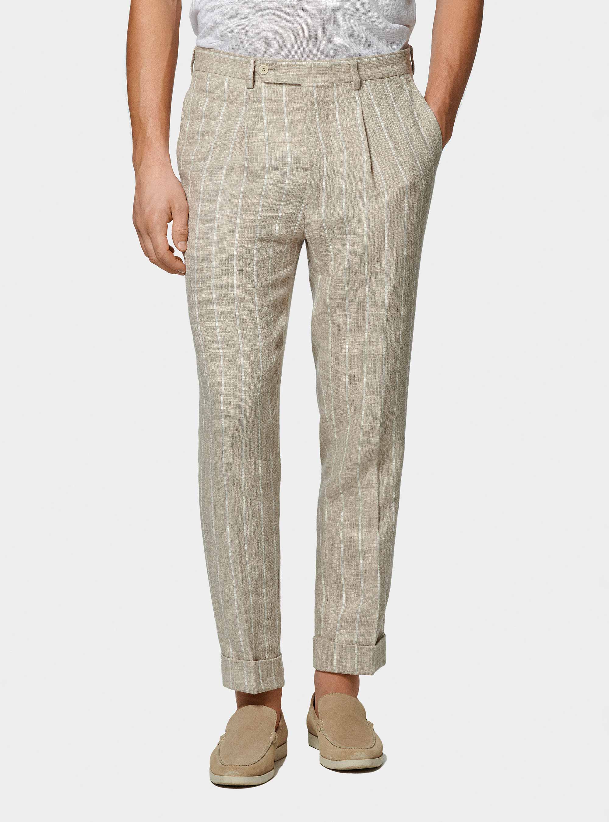 Pantalon de costume &agrave; rayures en cr&ecirc;pe de lin pur, SABLE