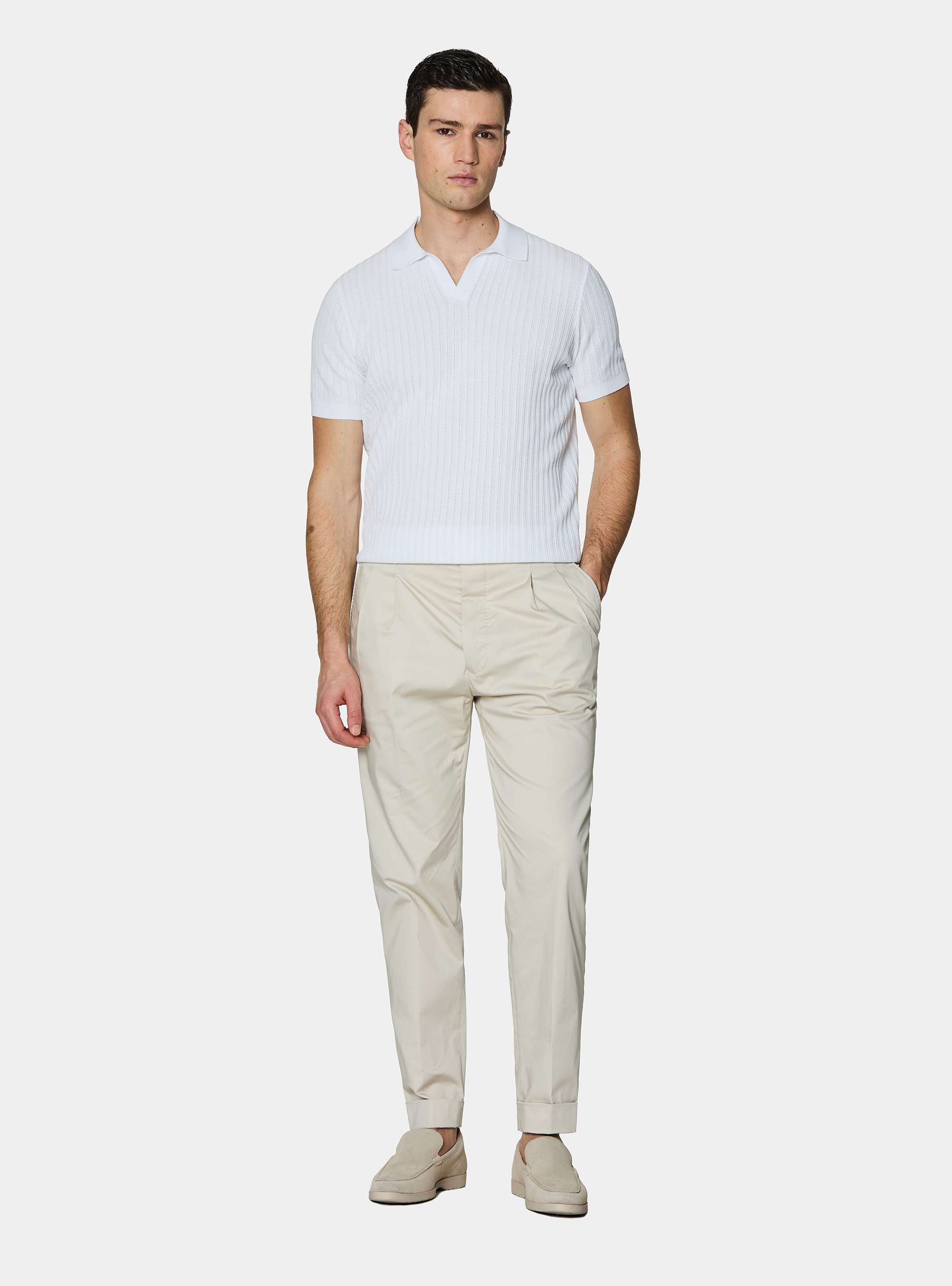 Stretch poplin cotton pleated trousers, OFF-WHITE