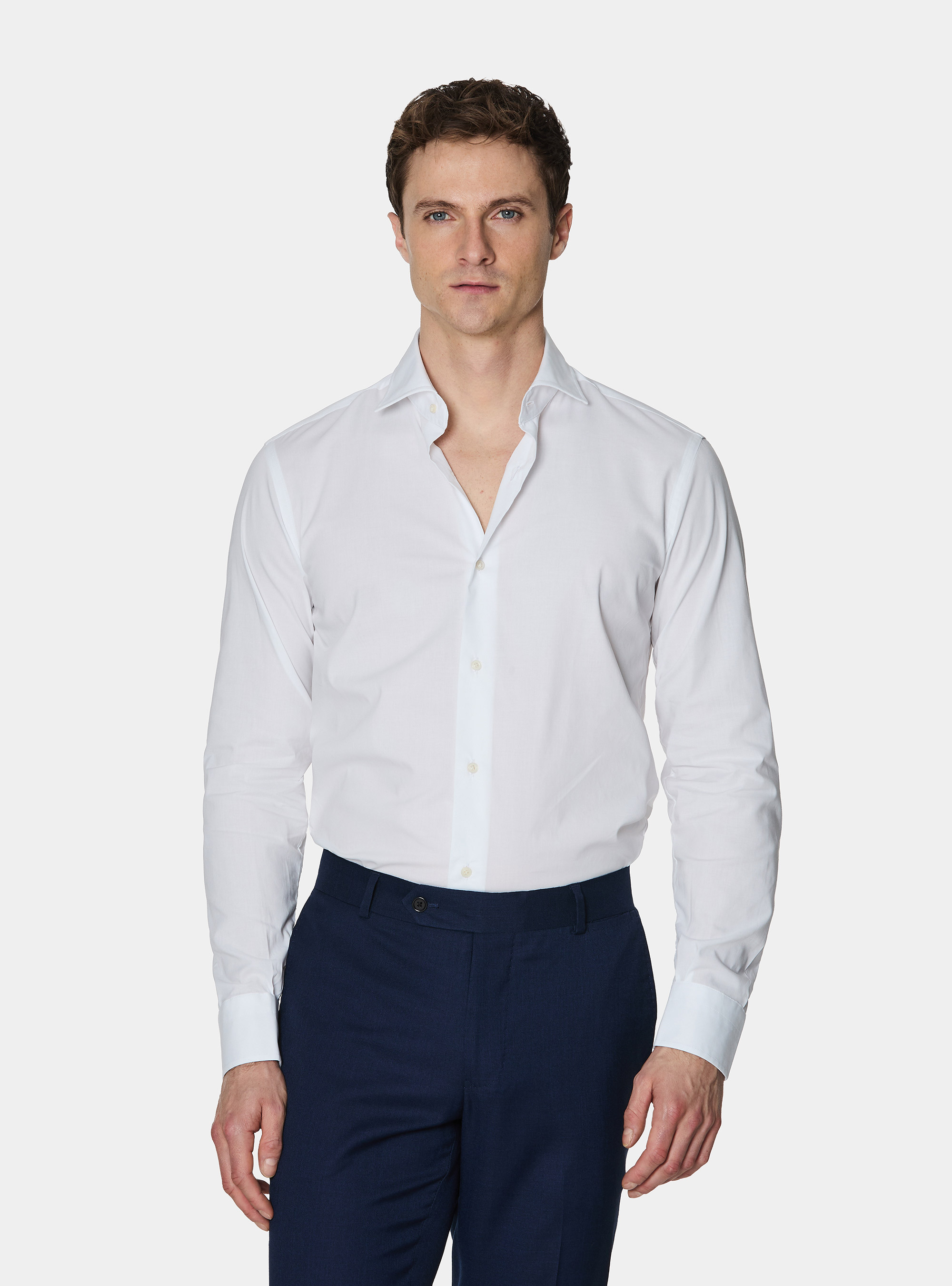 Camisa de popel&iacute;n de algod&oacute;n el&aacute;stico, BLANCO