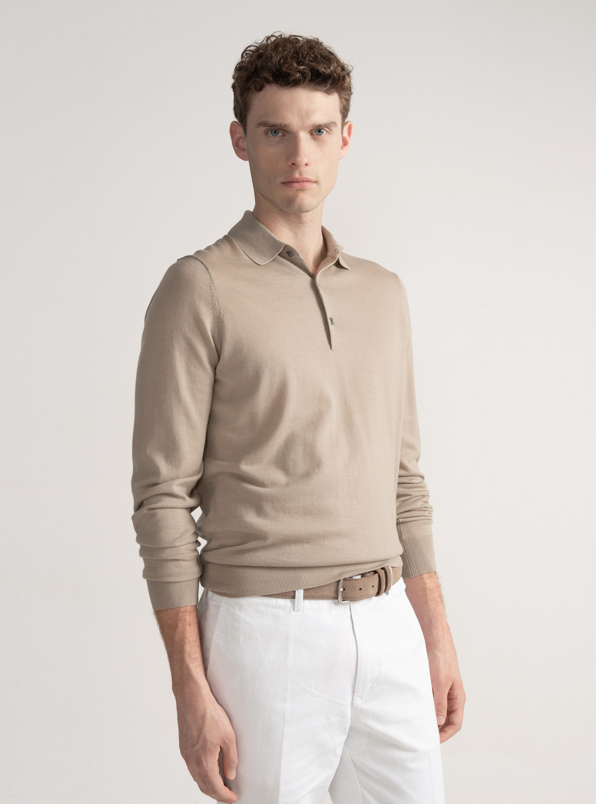 Extra-fine merino wool polo shirt, SAND