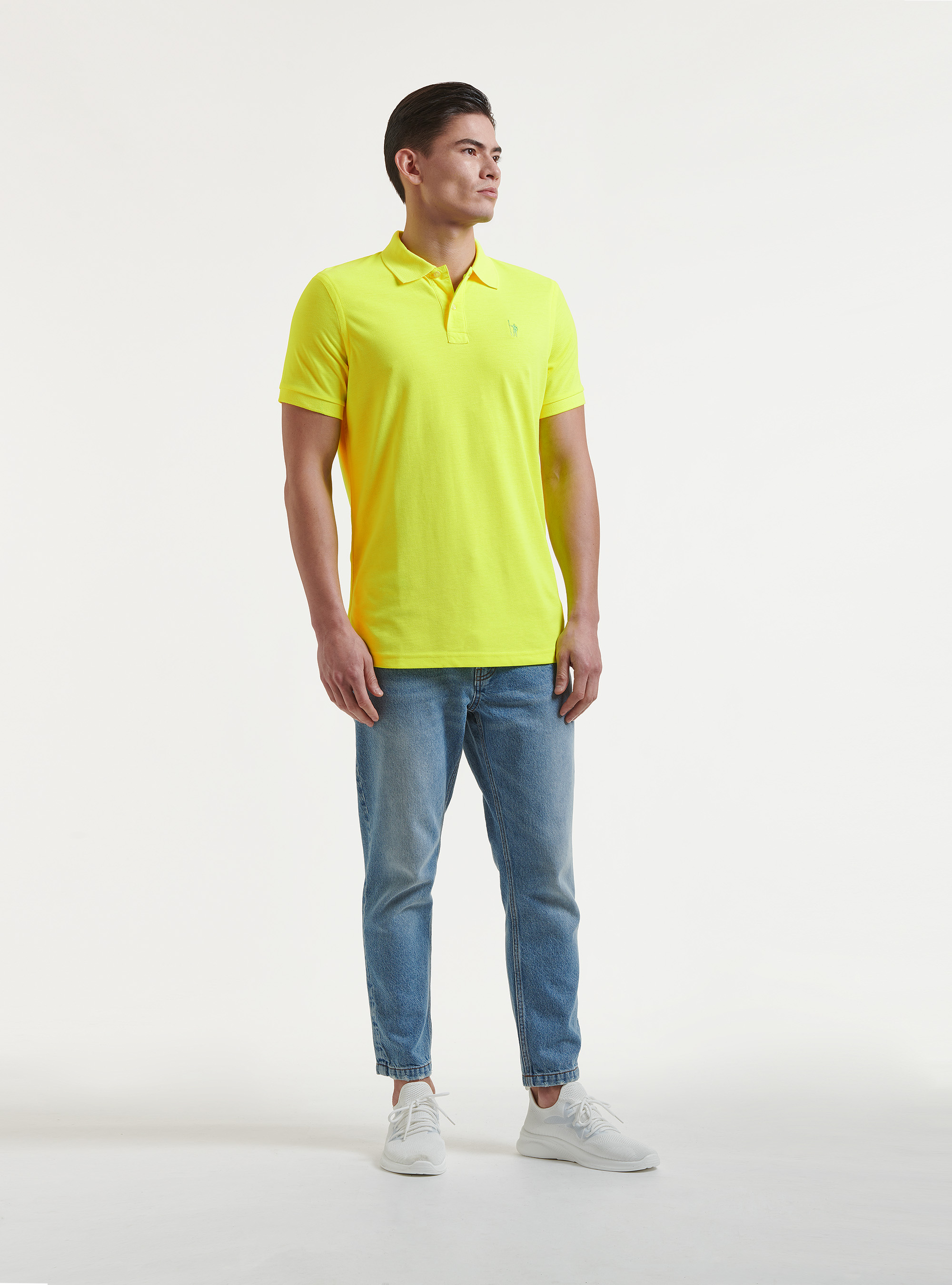 Polo fluorescente in piquet con ricamo, 0751C GIALLO FLUO