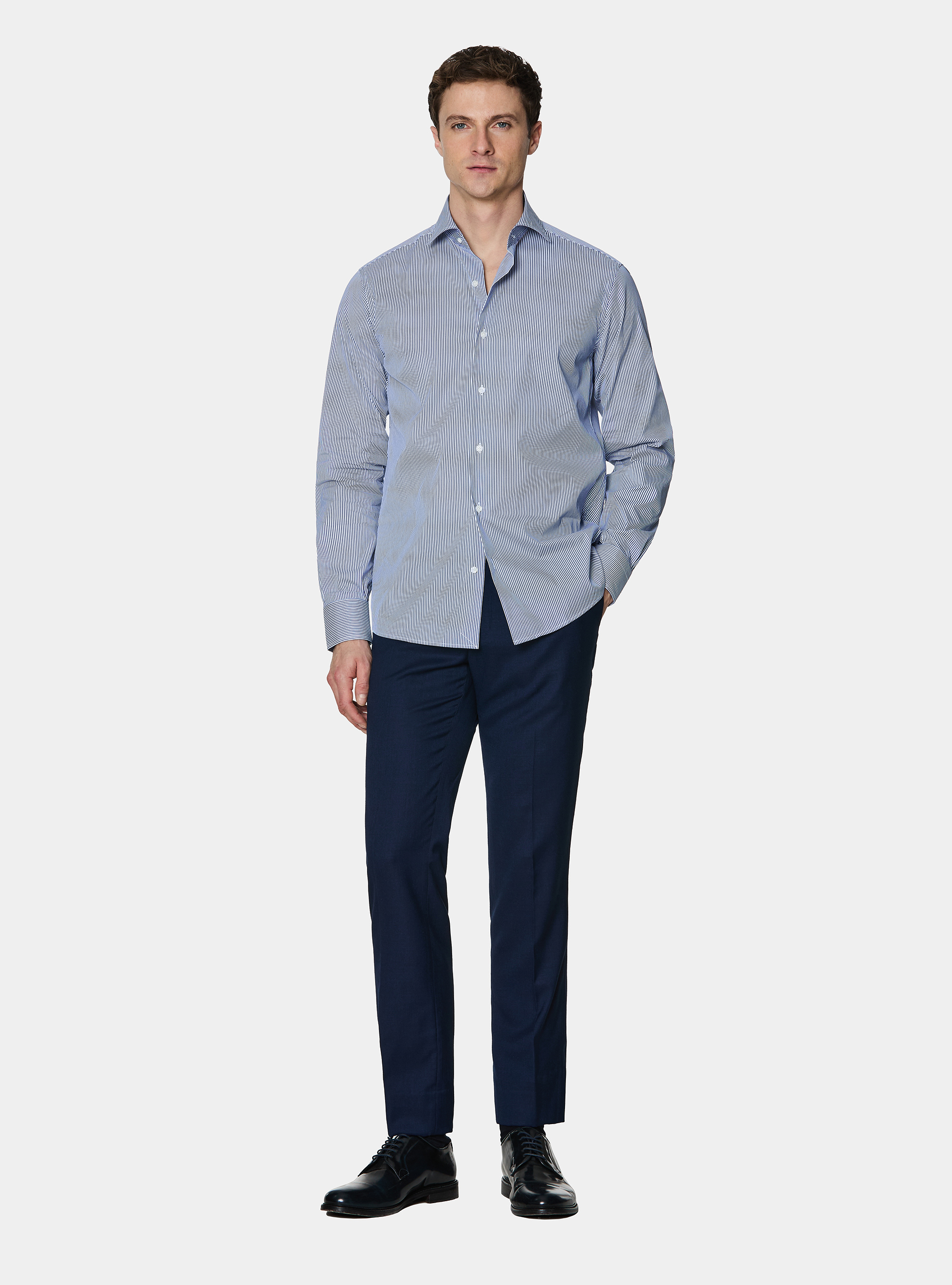 Chemise ray&eacute;e en popeline de coton stretch, BLEU