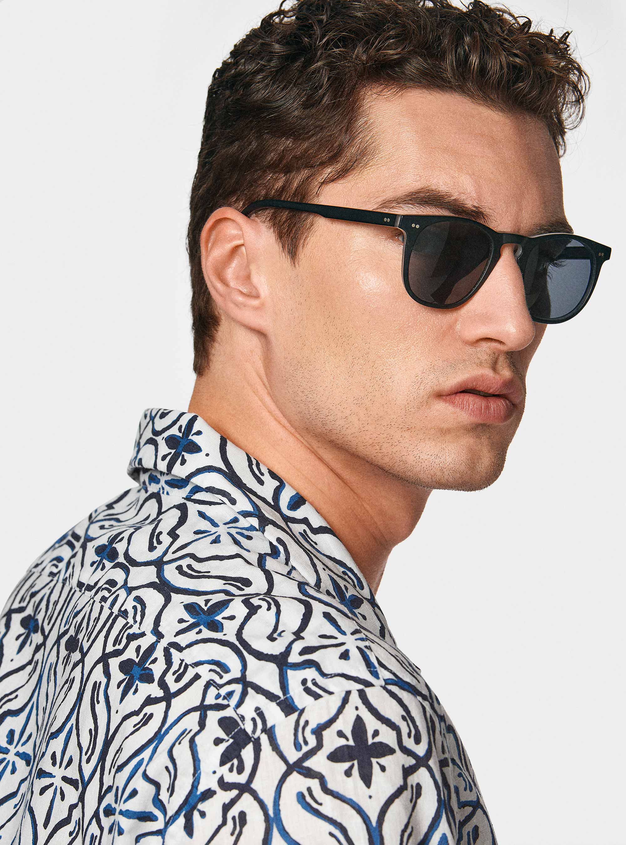 Bowling shirt in linen and printed cotton, NAVY BLUE