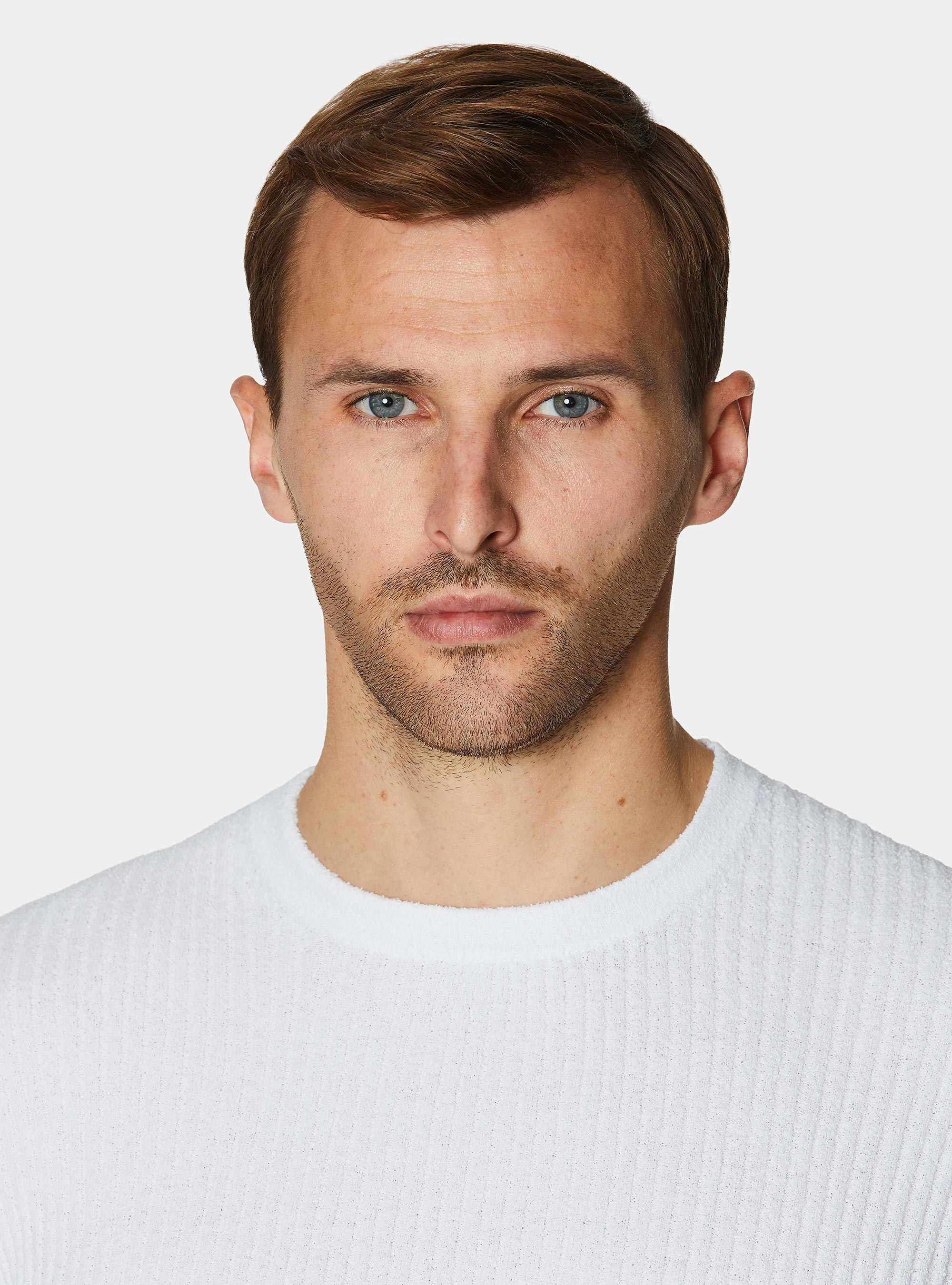 Crew neck in ribbed boucl&eacute; knit, WHITE