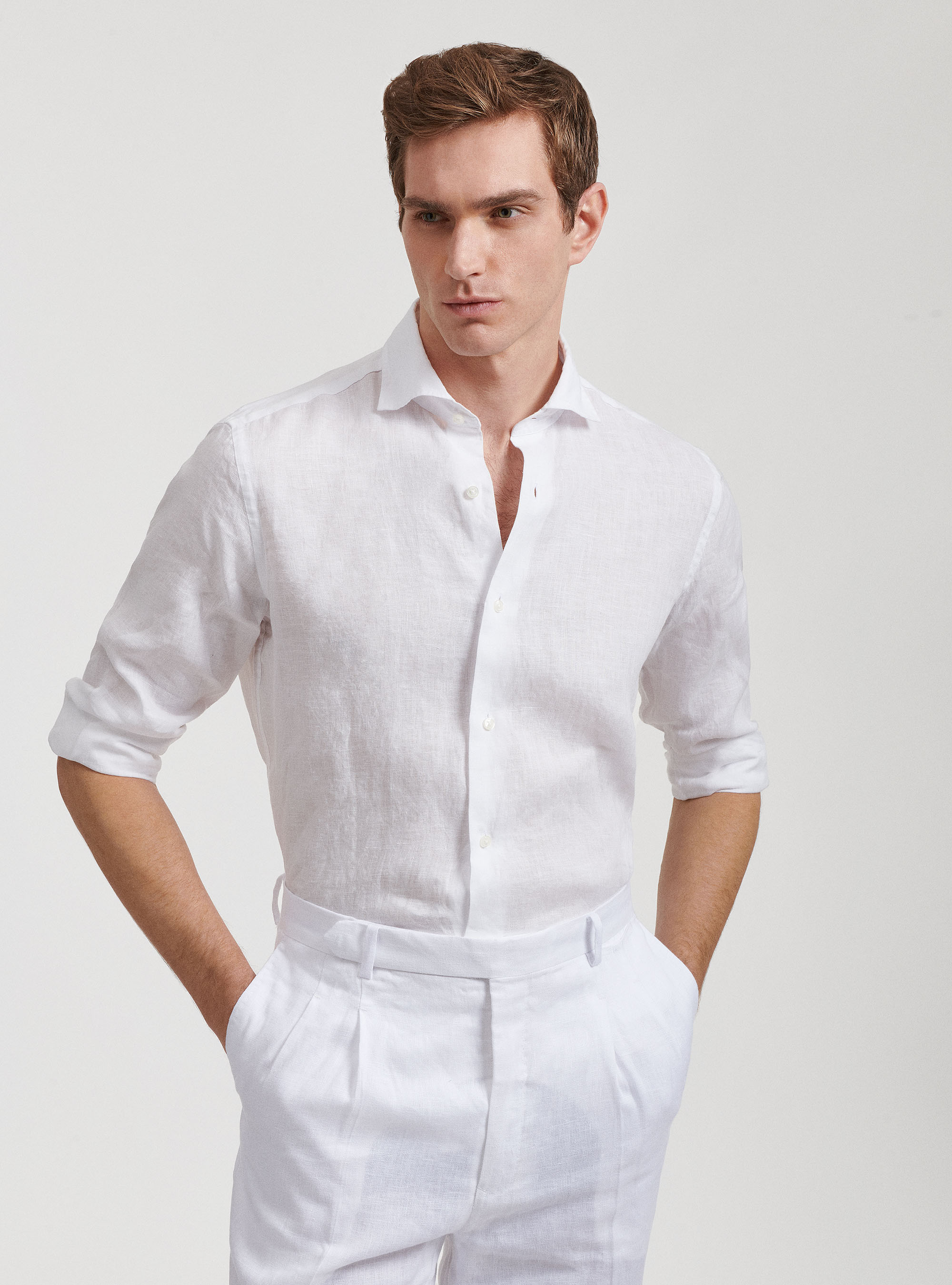 Camicia collo semi francese in puro lino, BIANCO