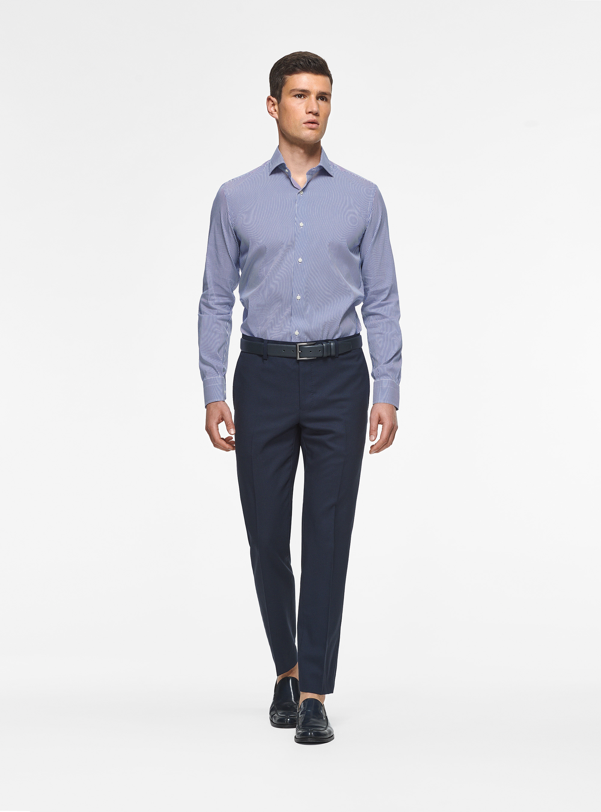 Chemise &agrave; rayures en popeline stretch, BLEU