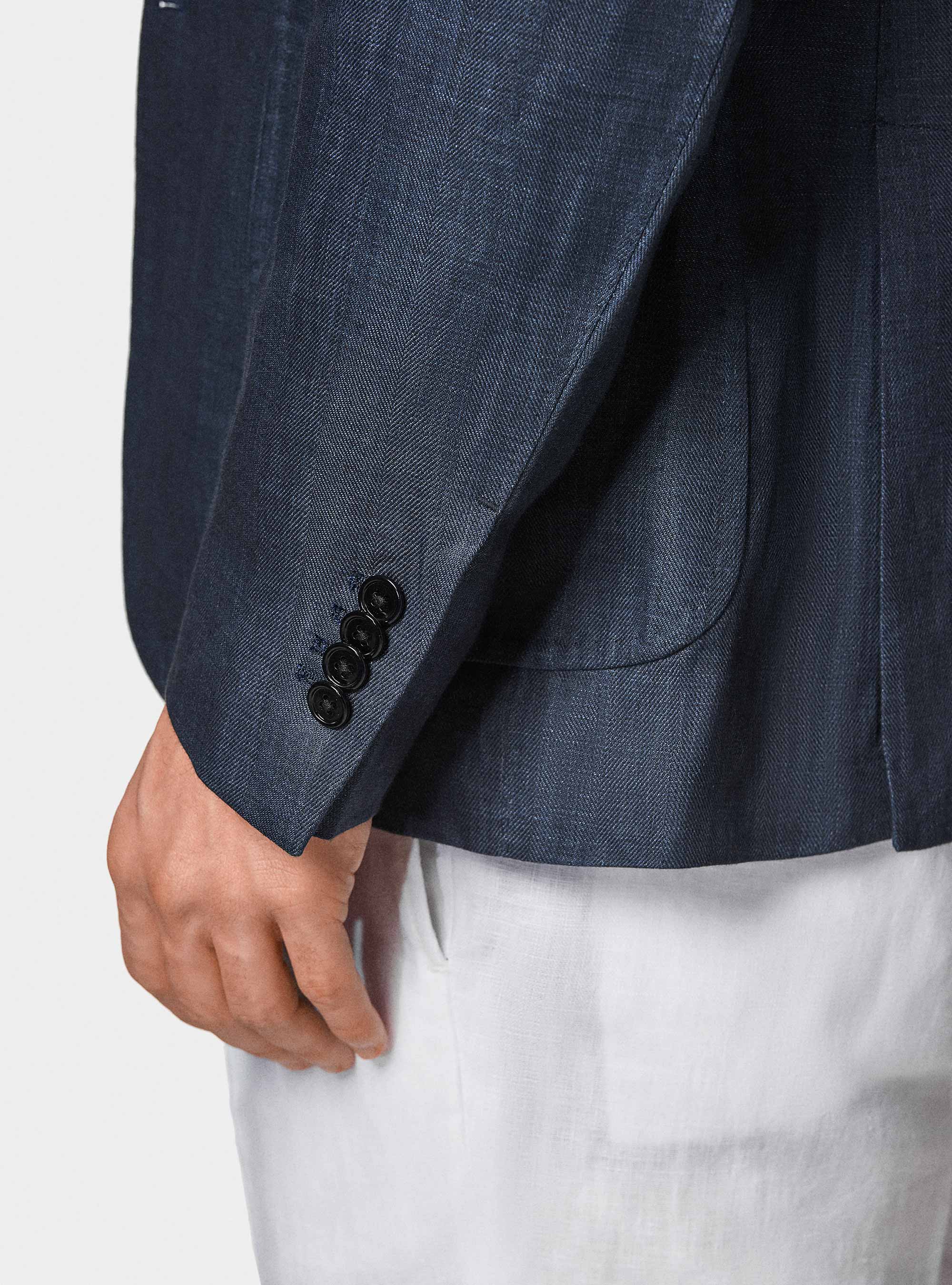 Korean blazer in pure herringbone linen, NAVY BLUE