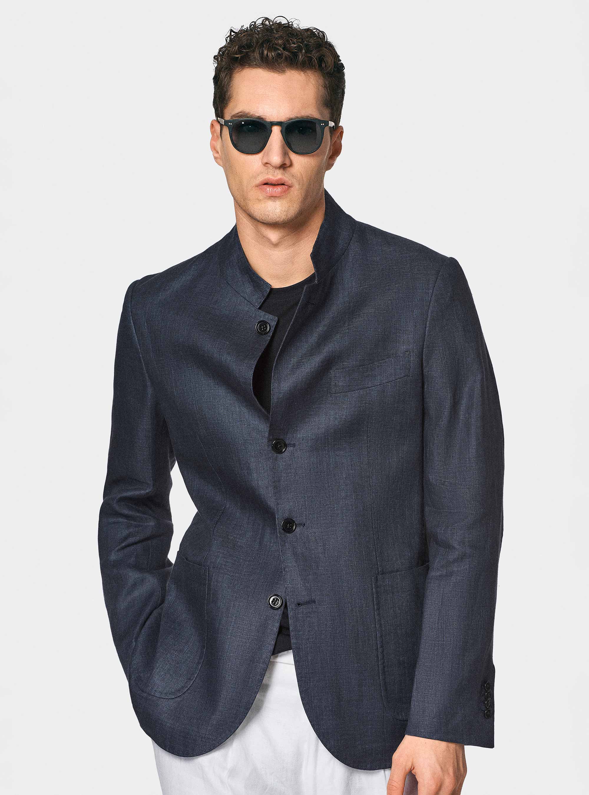 Korean blazer in pure herringbone linen, NAVY BLUE