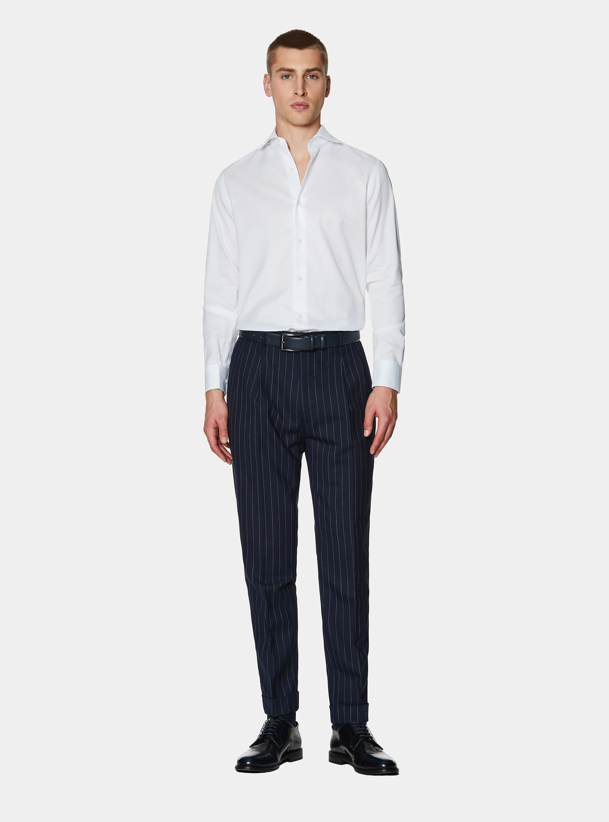 Double-breasted pinstriped wool suit trousers, NAVY BLUE