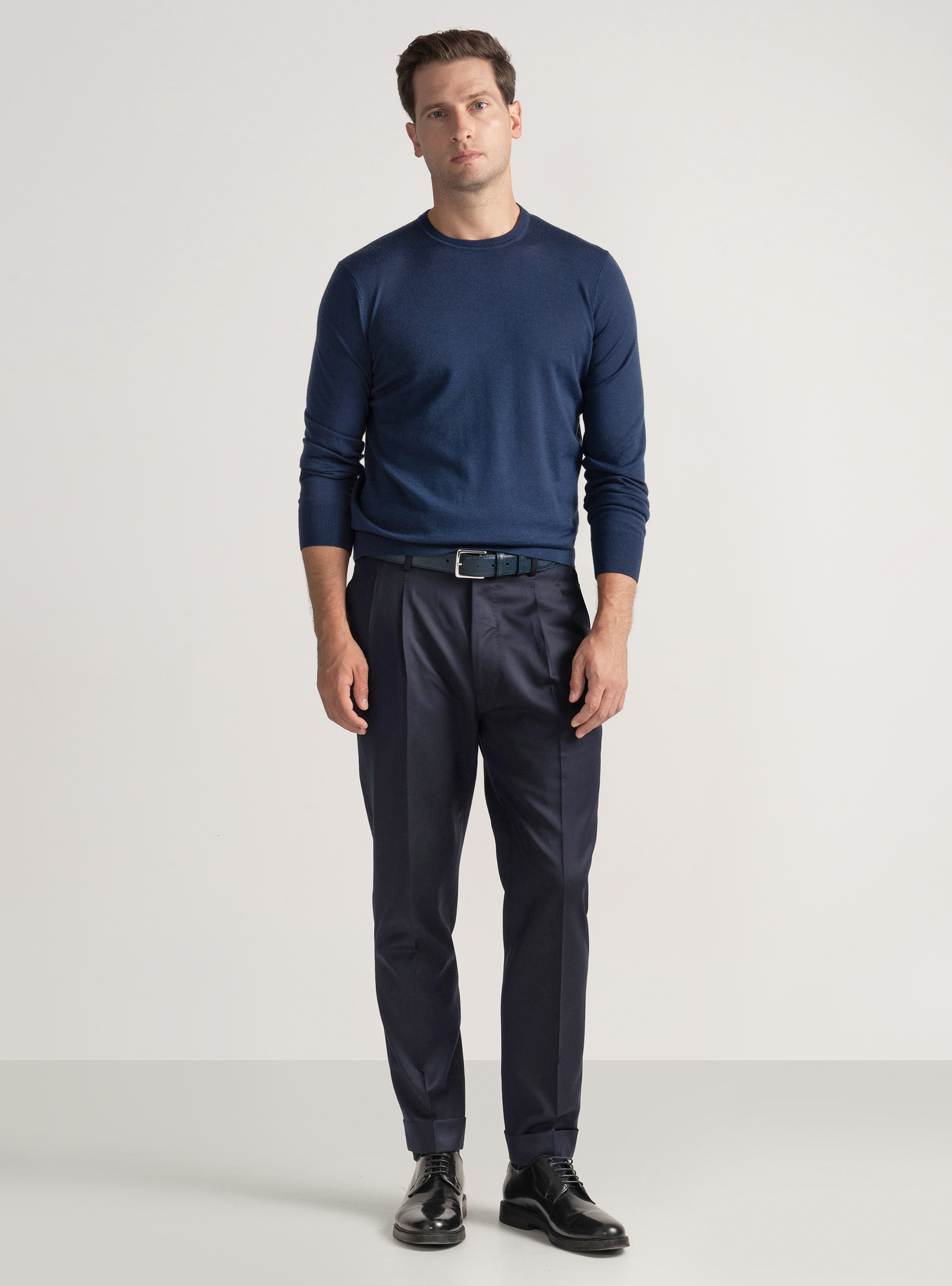 Crew-neck sweater in pure extra-fine merino wool, INK
