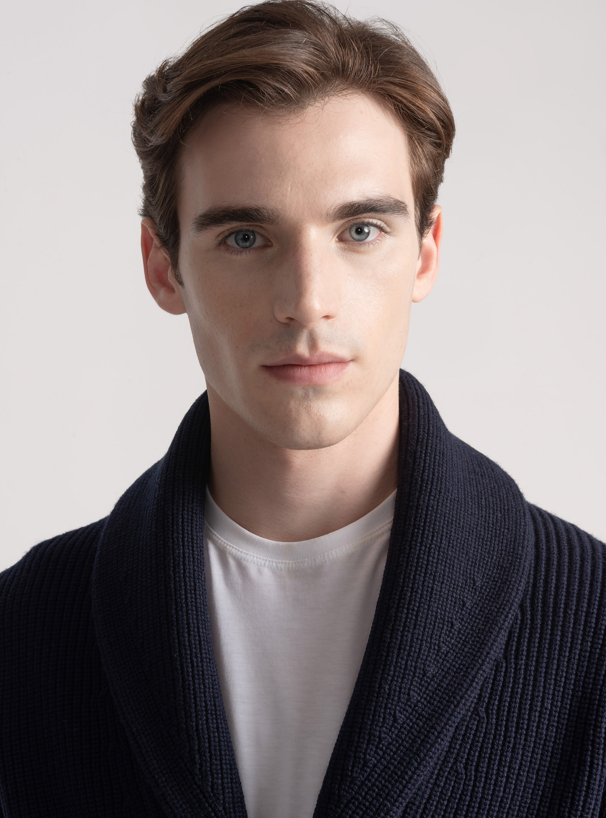 Merino wool shawl knit cardigan, NAVY BLUE