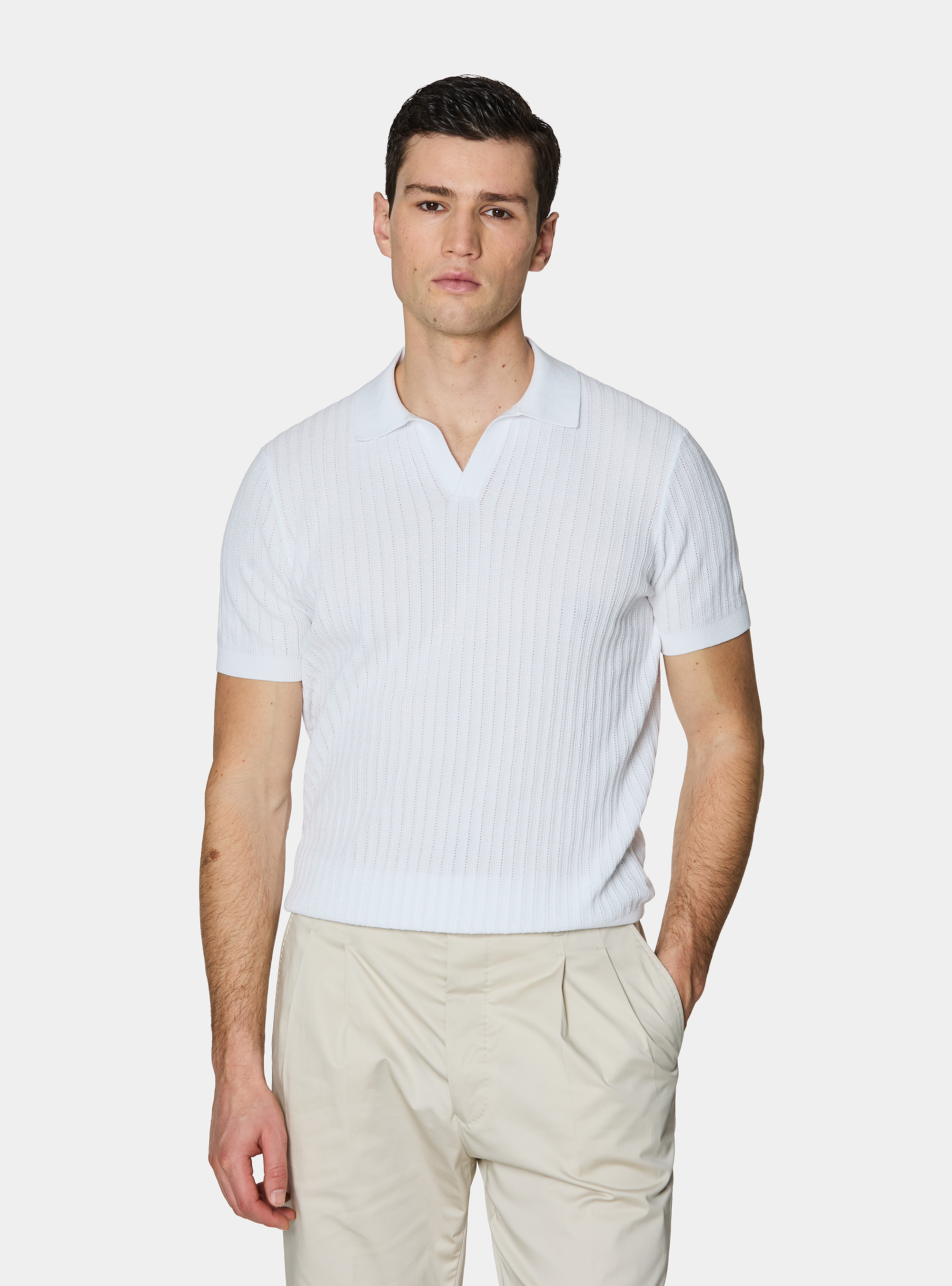 Poloshirt aus perforiertem Strick ohne Kn&ouml;pfe aus extrafeiner Baumwolle, BIANCO 0099C
