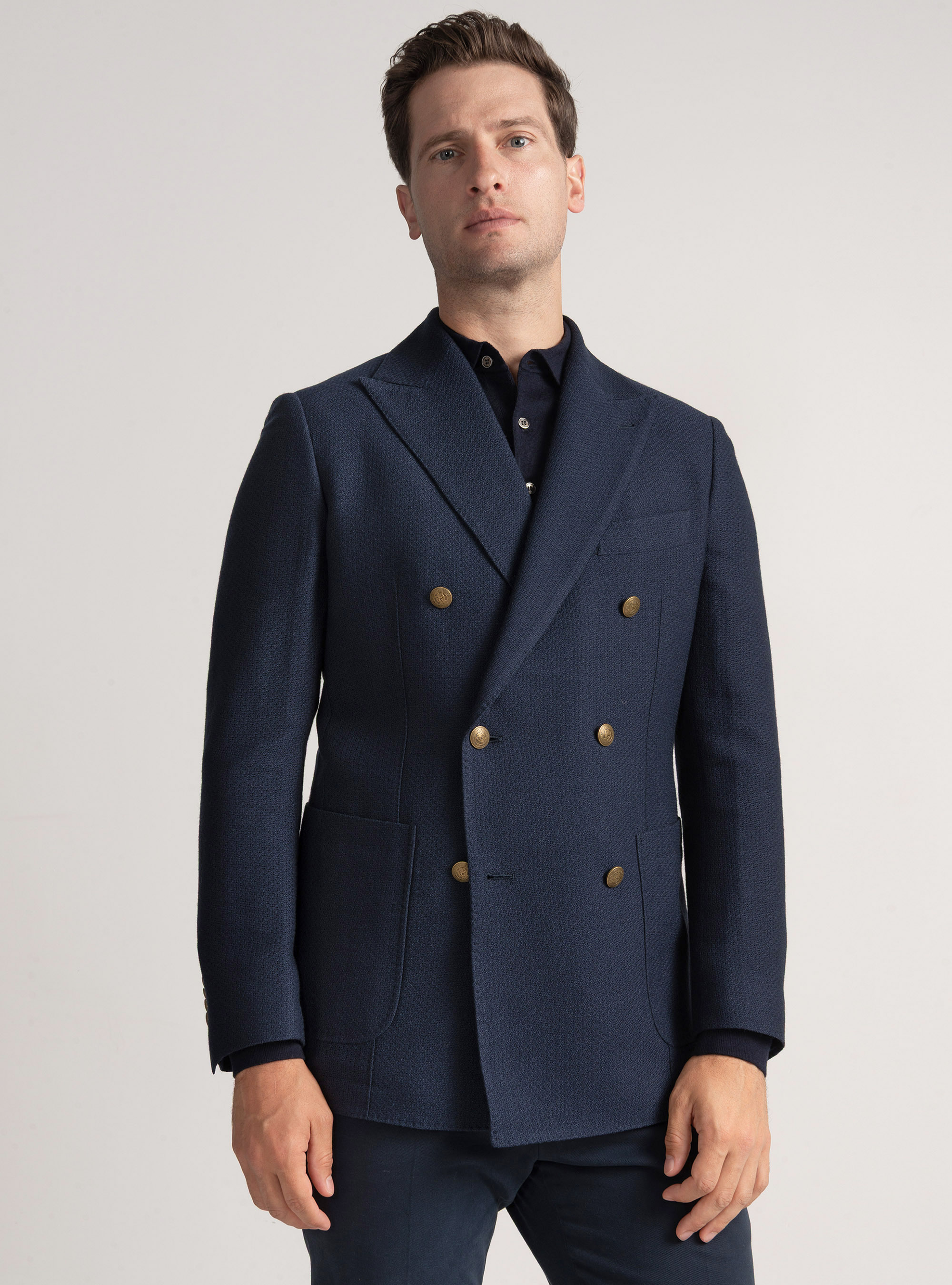 Double-breasted leno blazer in wool and cotton, NAVY BLUE