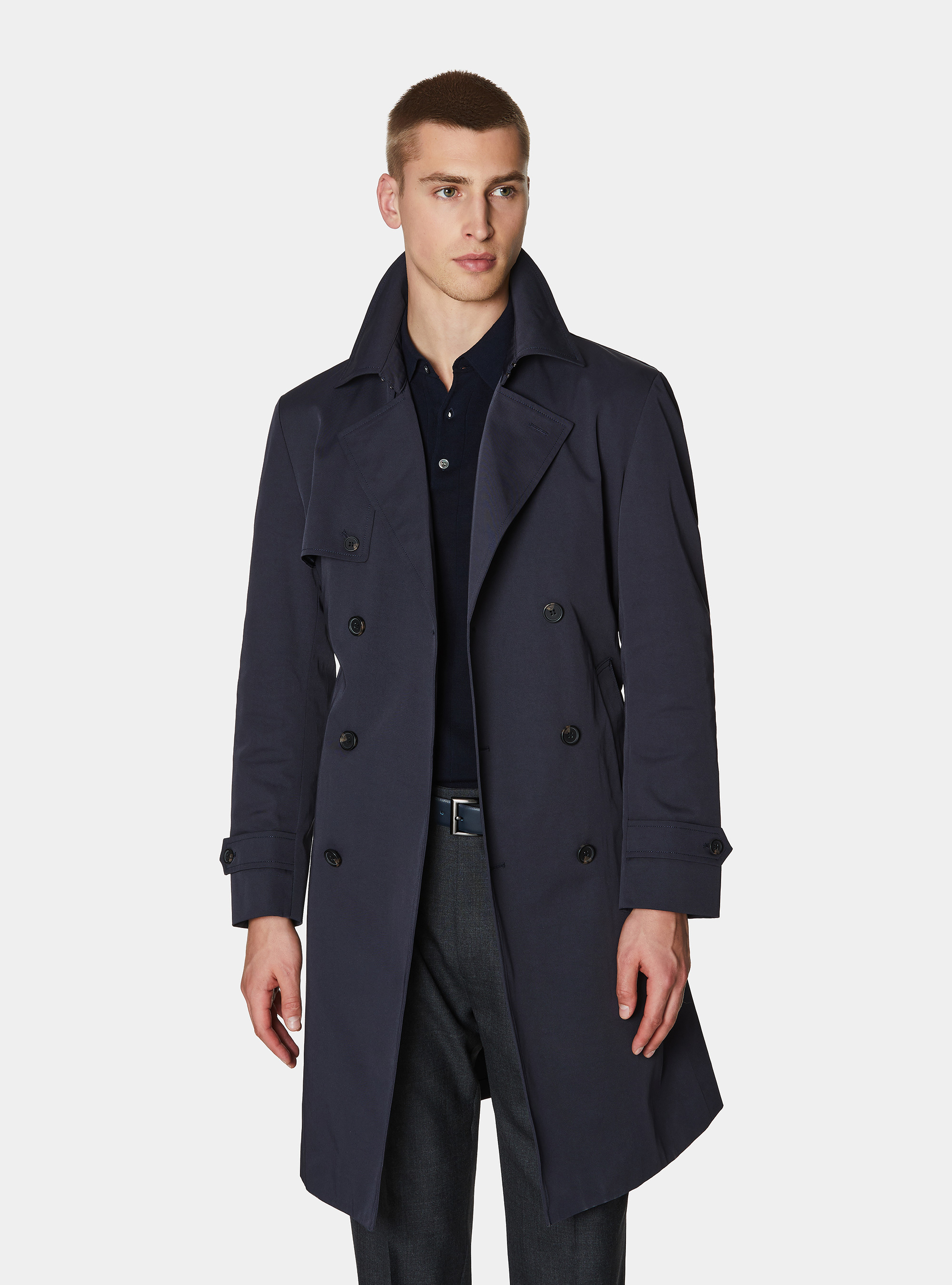 Double-breasted trench coat in cotton twill, NAVY BLUE