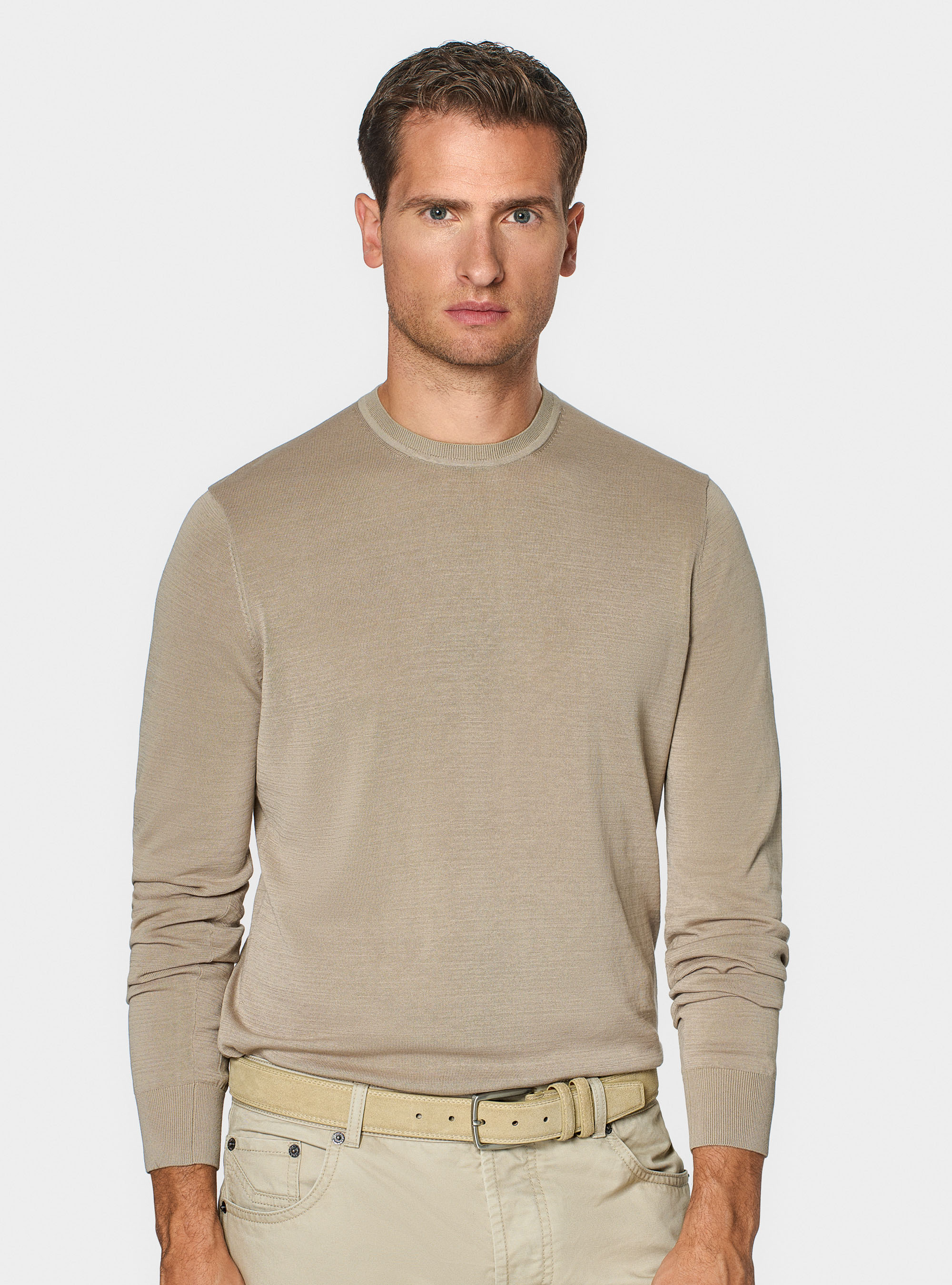 Cotton and silk crew-neck sweater, SAND