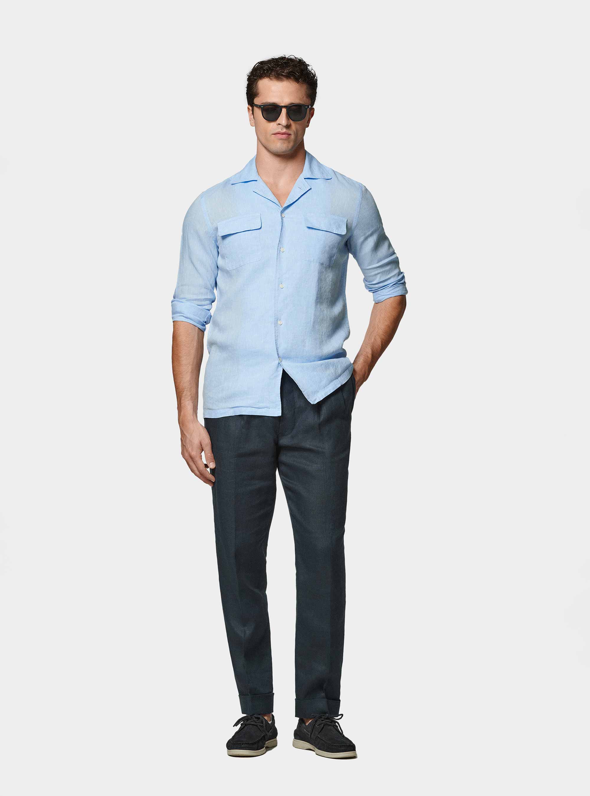 Camicia bowling in puro lino con tasconi, AZZURRO