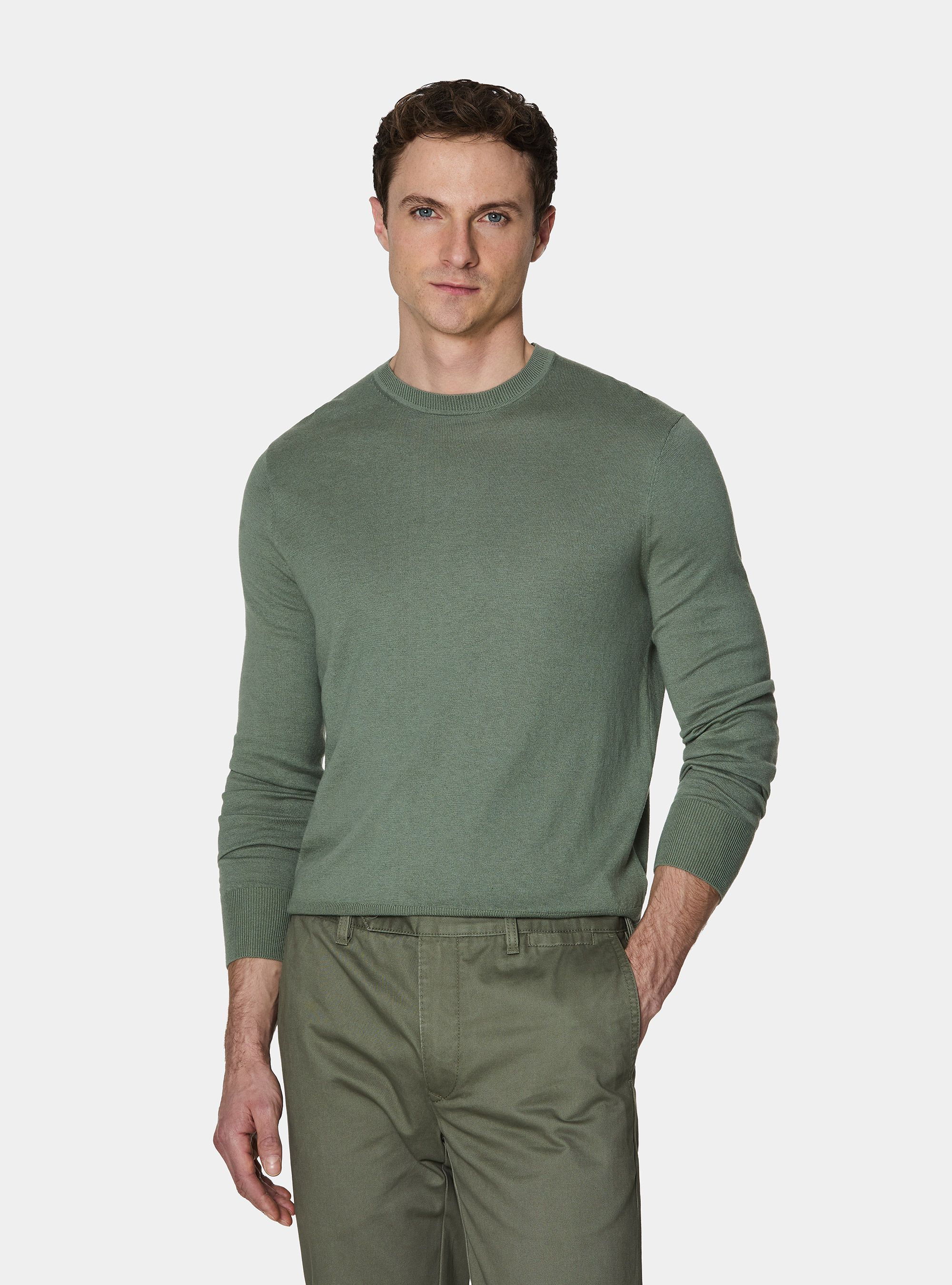 Rundhals-Pullover aus Baumwolle, Seide und Kaschmir, VERDE SALVIA 0604C
