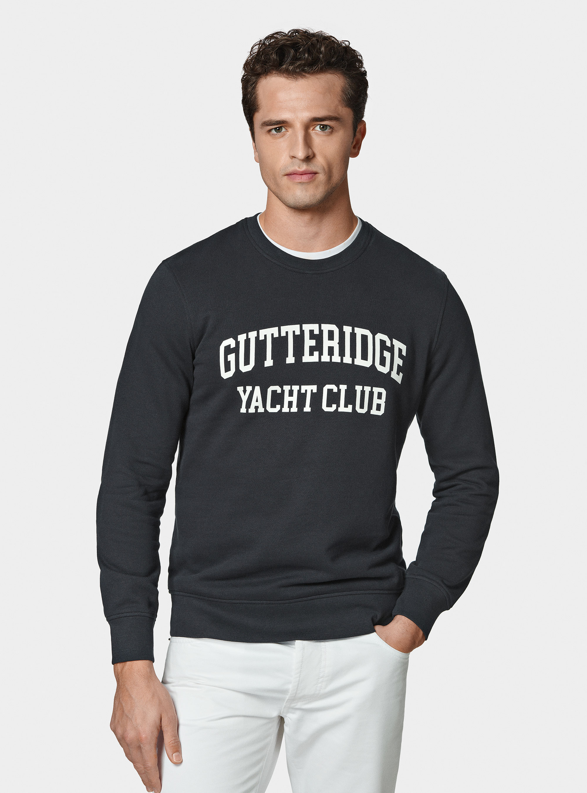 Sudadera con cuello redondo y estampado, AZUL MARINO
