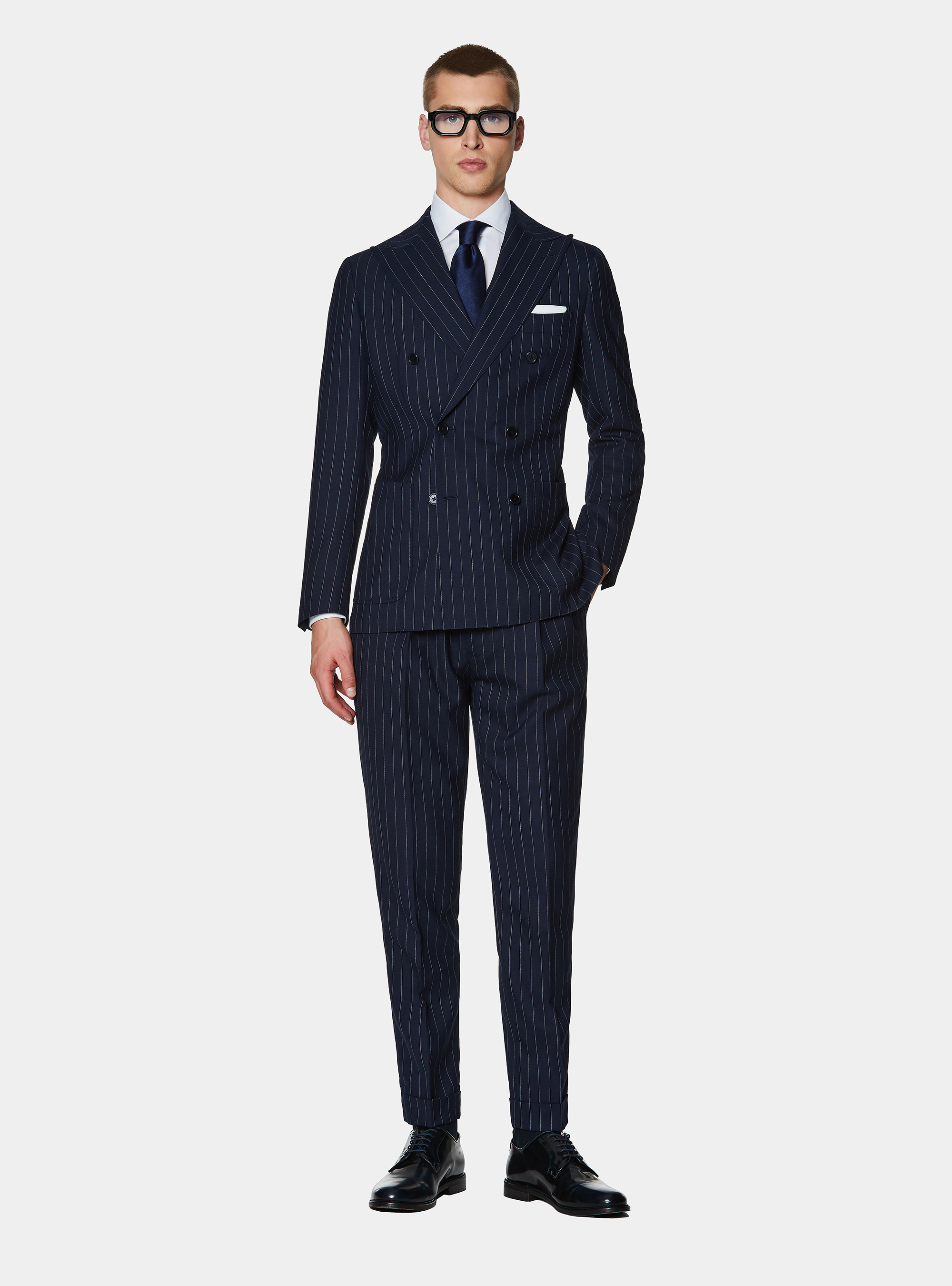 Double-breasted pinstriped wool suit, 