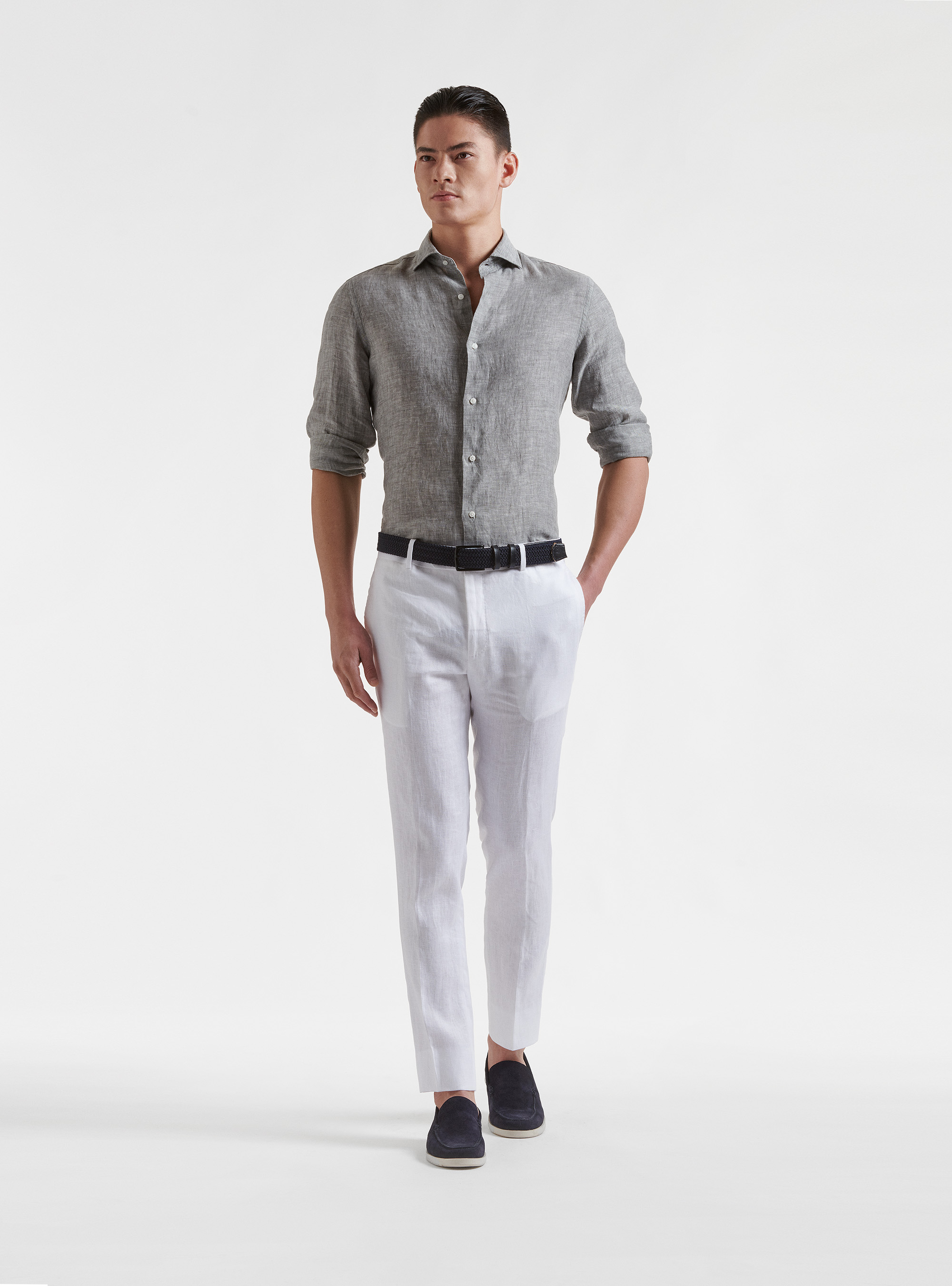 Camisa de lino puro con cuello semifranc&eacute;s, GRIS CLARO JASPEADO