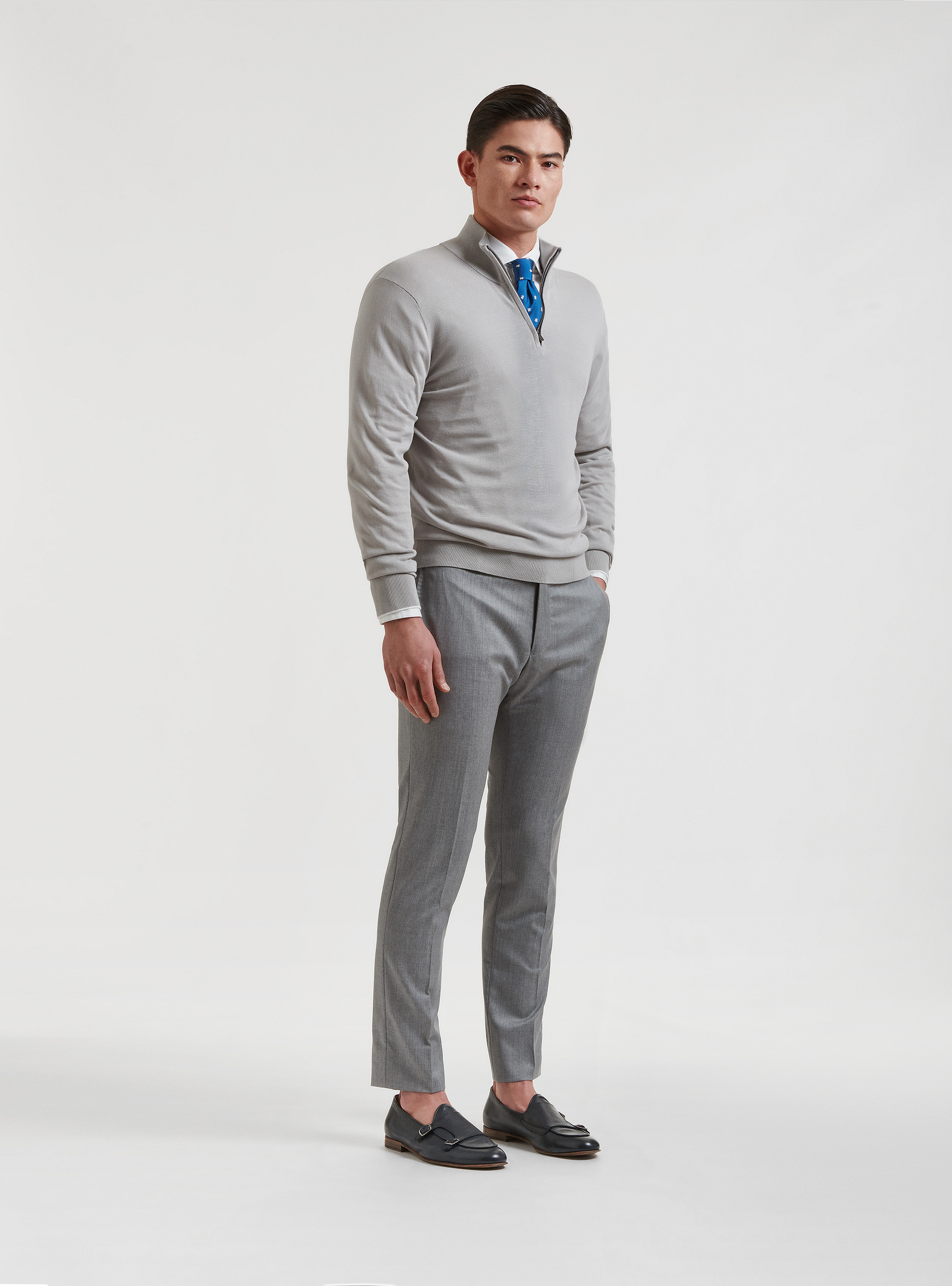 Maglia mezza zip in puro cotone extrafine, GRIGIO CHIARO MELANGE