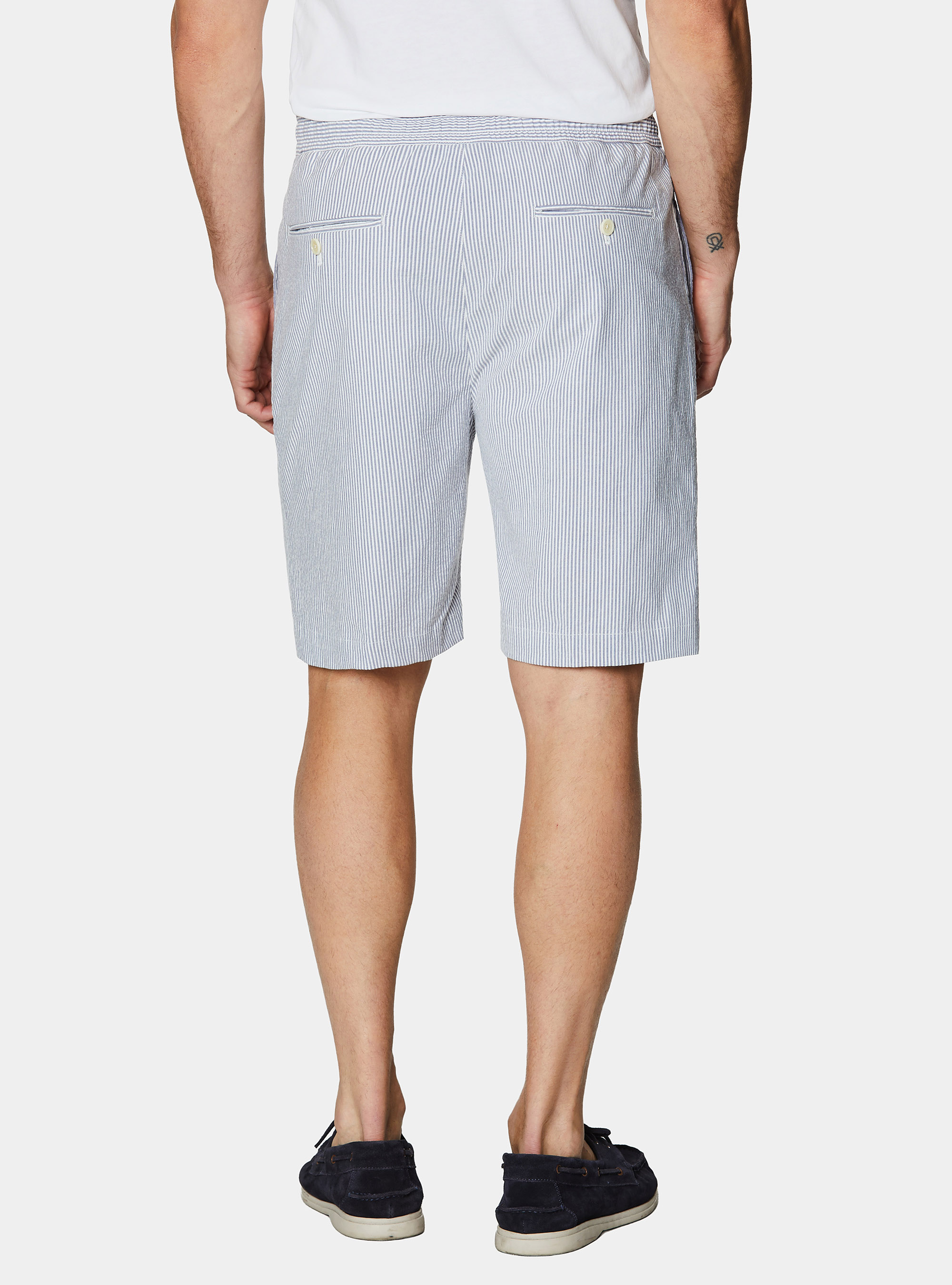 Stretch seersucker cotton Bermuda shorts with drawstring, BLUE