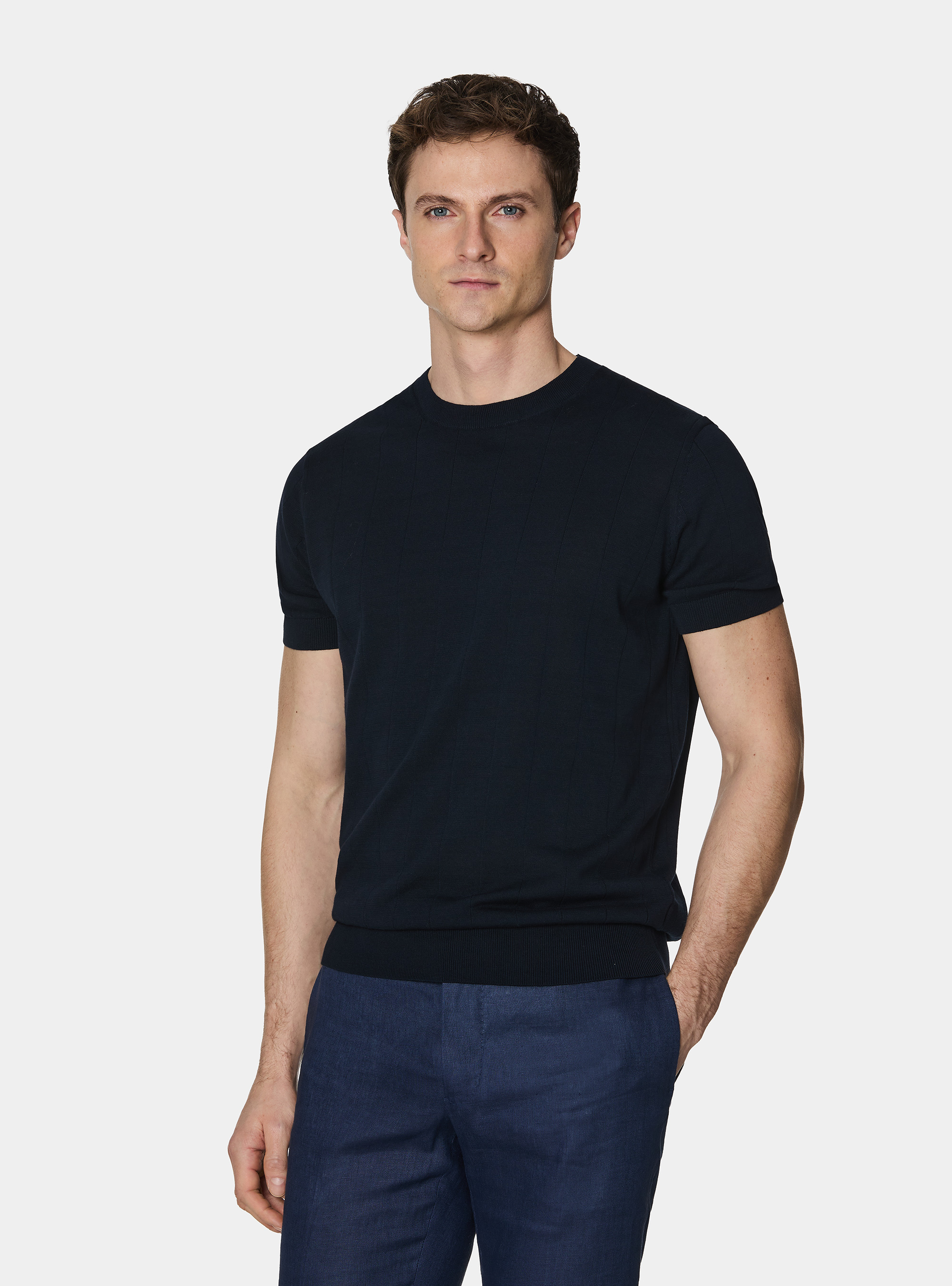 Pure cotton flat-ribbed sweater, NAVY BLUE
