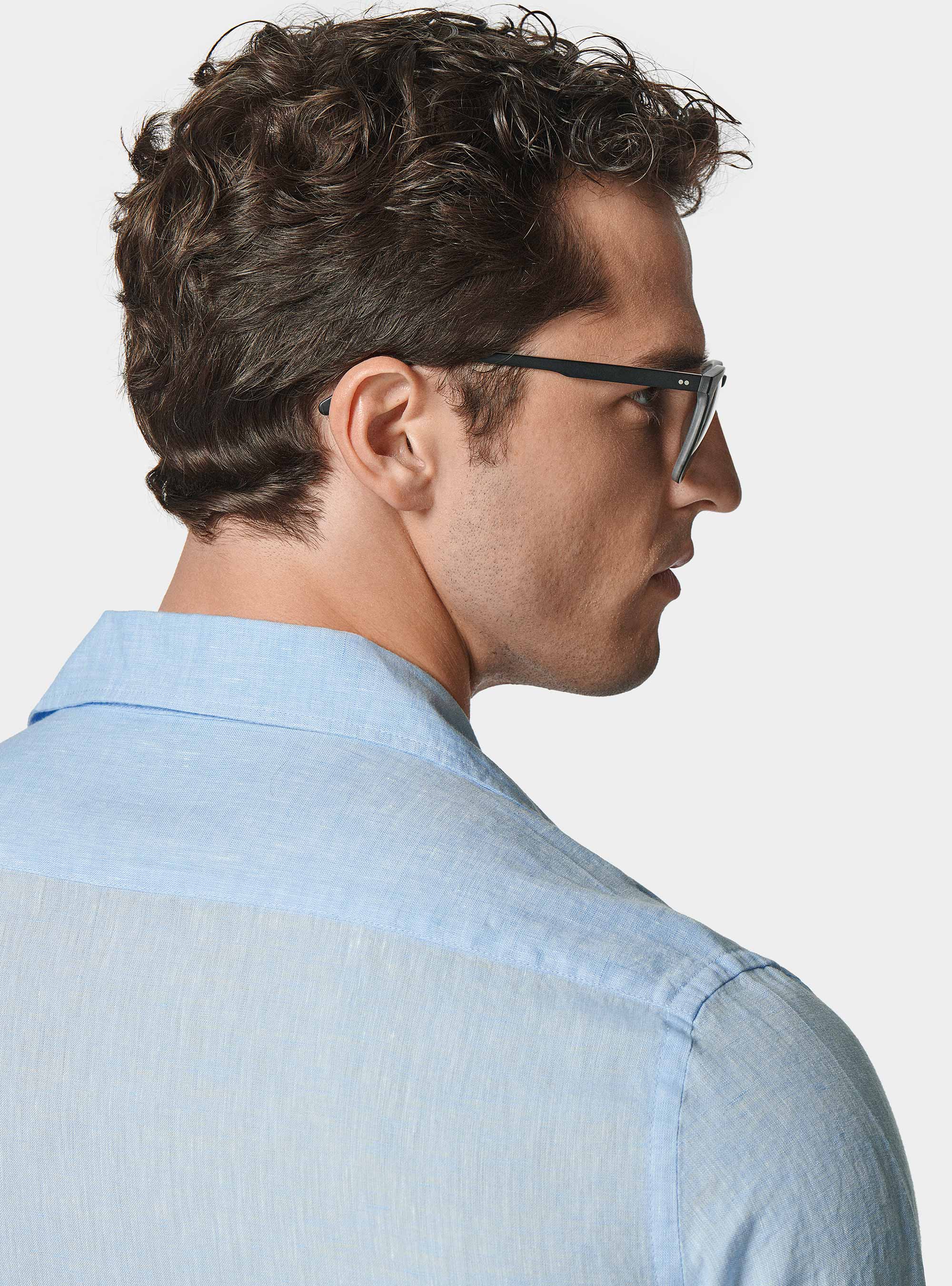 Camicia bowling in puro lino con tasconi, AZZURRO