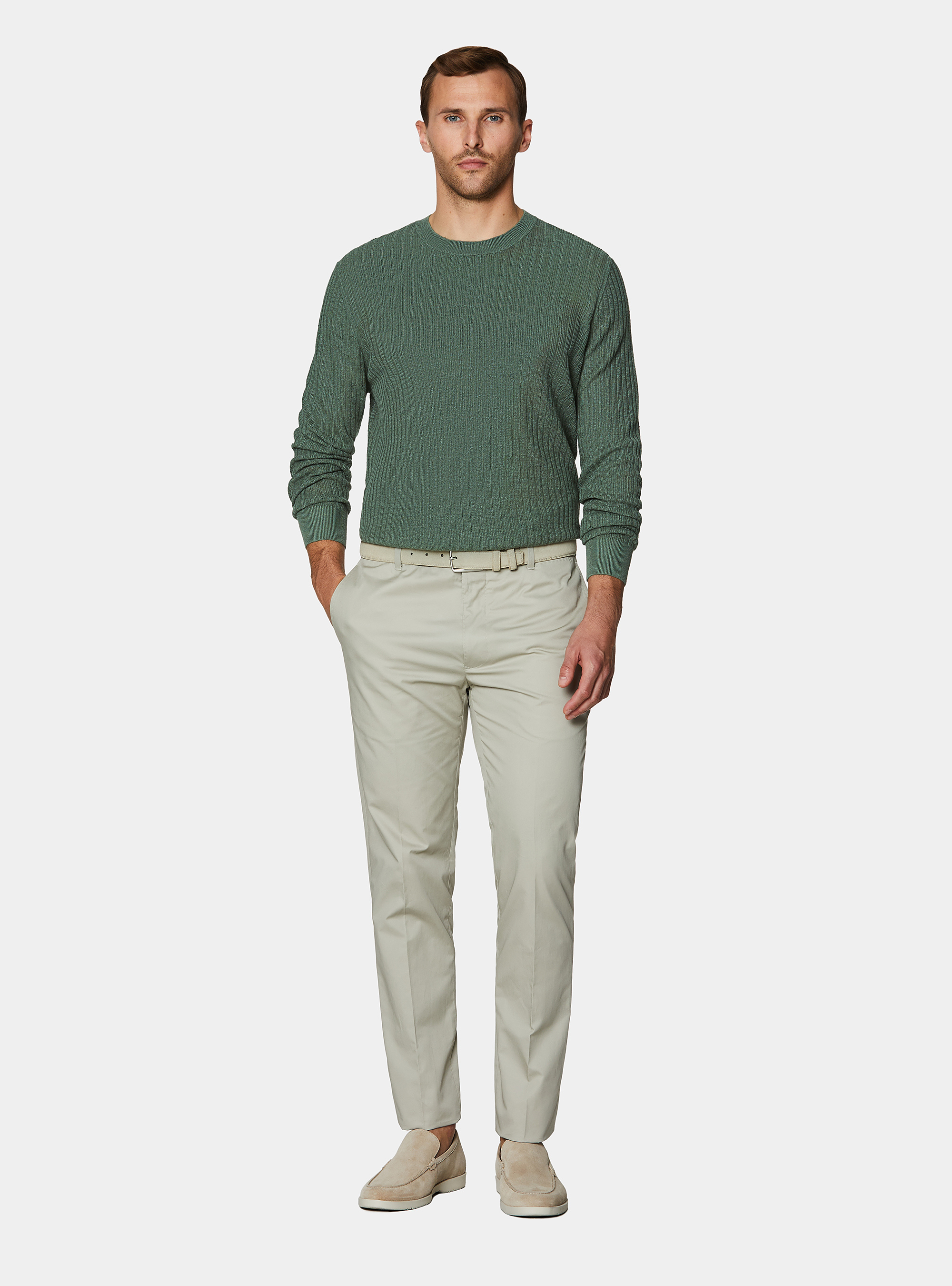 Pure linen ribbed crew neck sweater, SALVIA 0602C