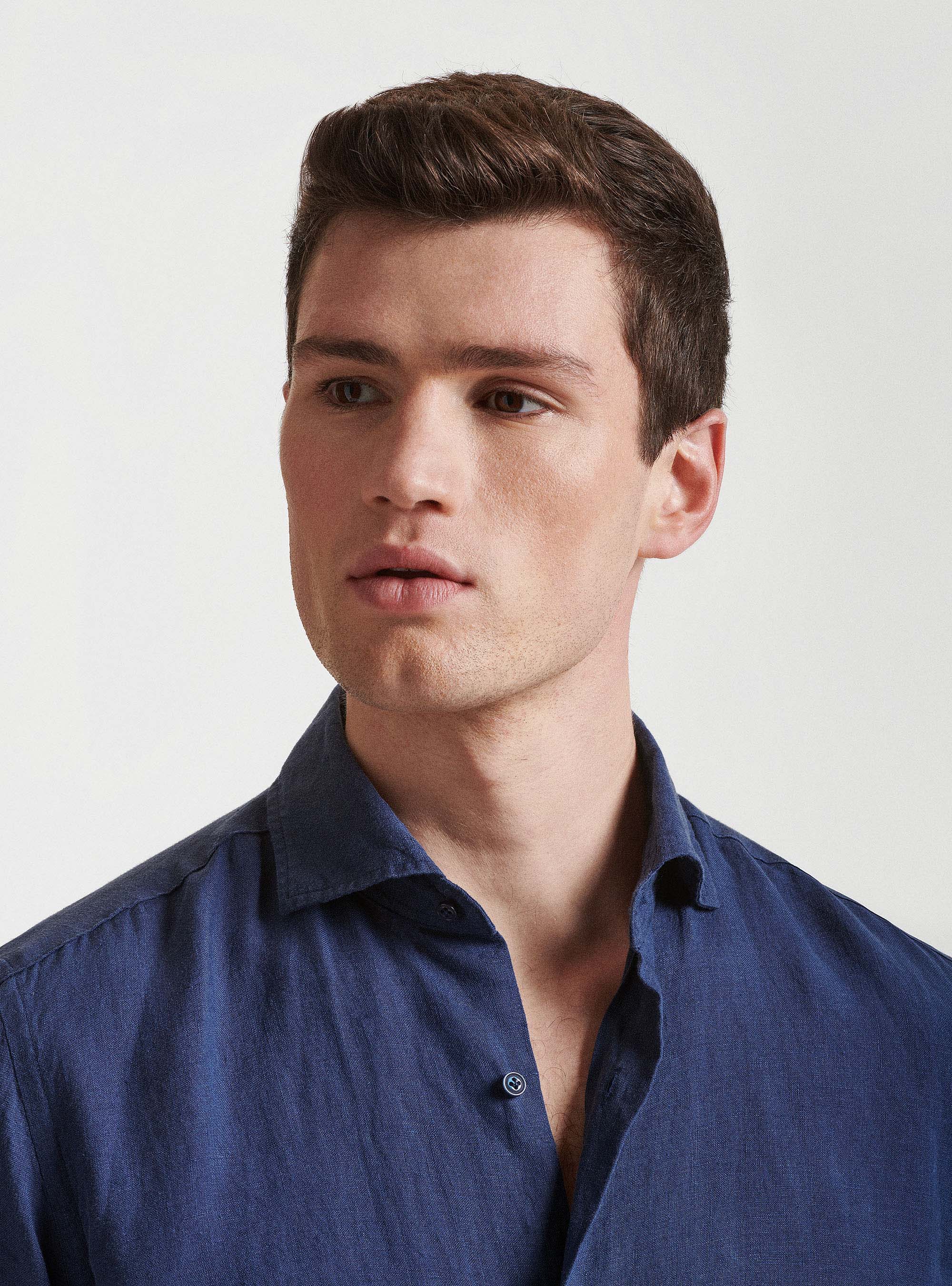 Camicia collo semi francese in puro lino, BLU NAVY
