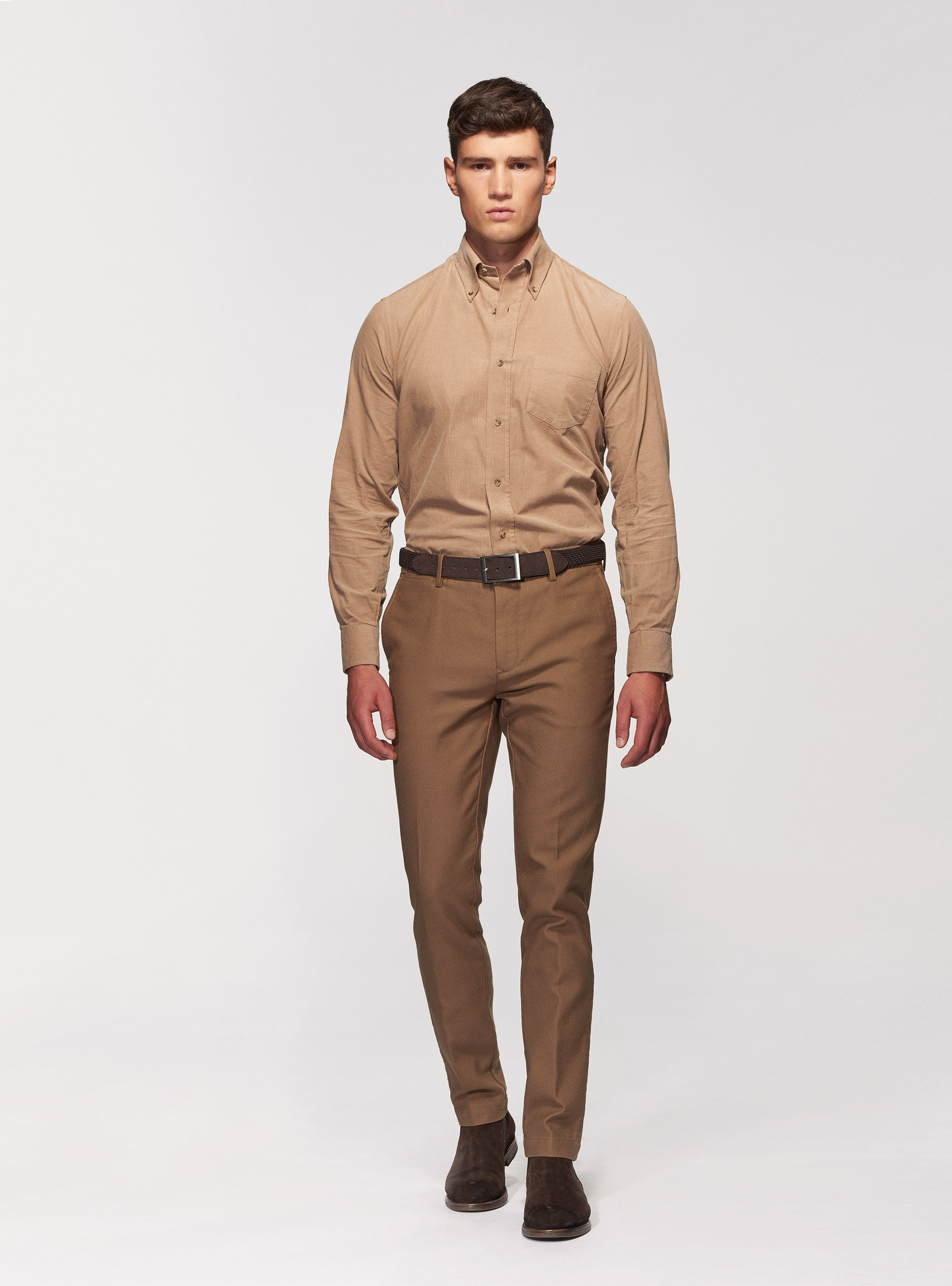 Cotton velvet button-down collar shirt, SAND