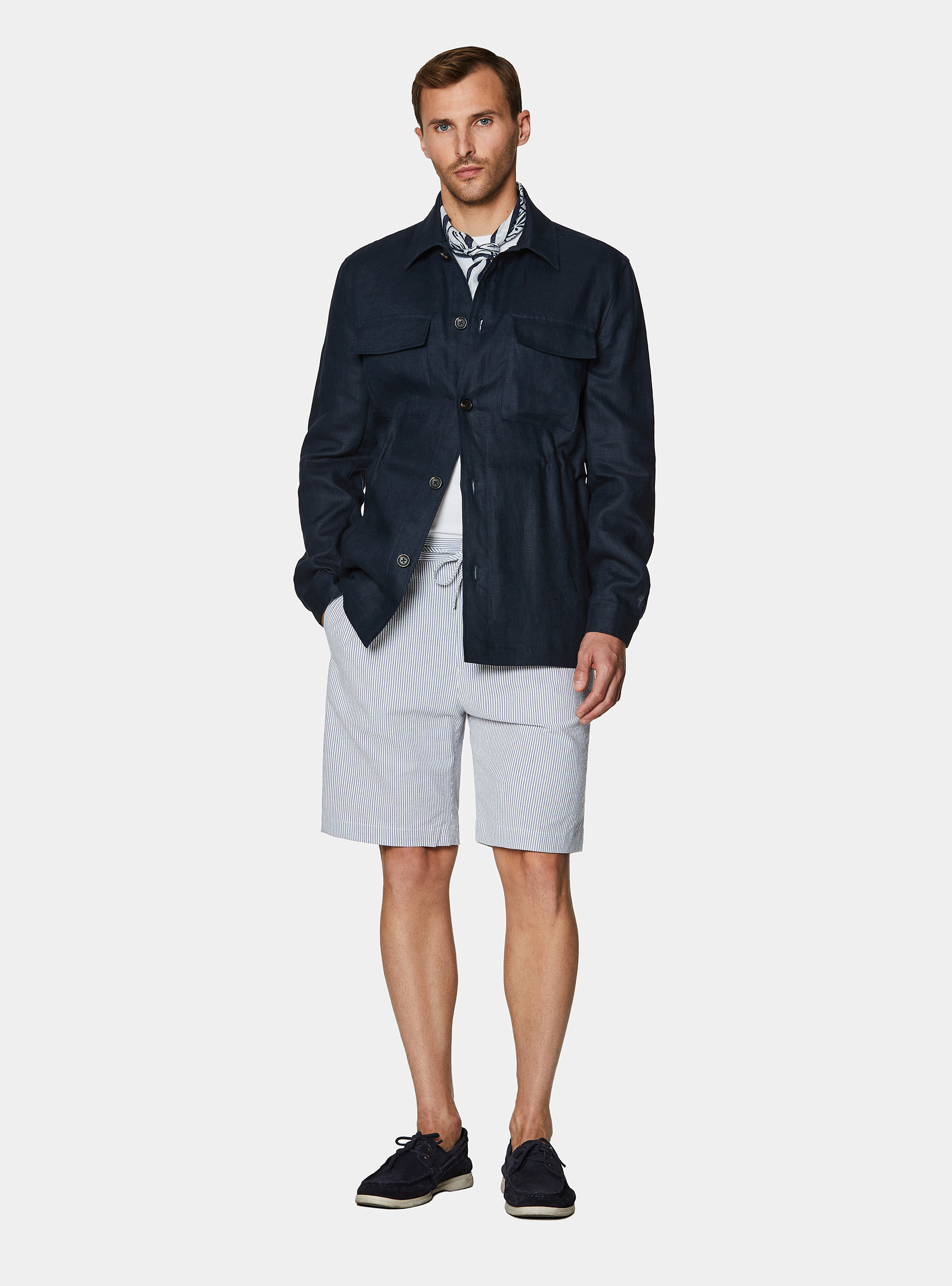 Pure linen shirt blazer with drawstring, NAVY BLUE