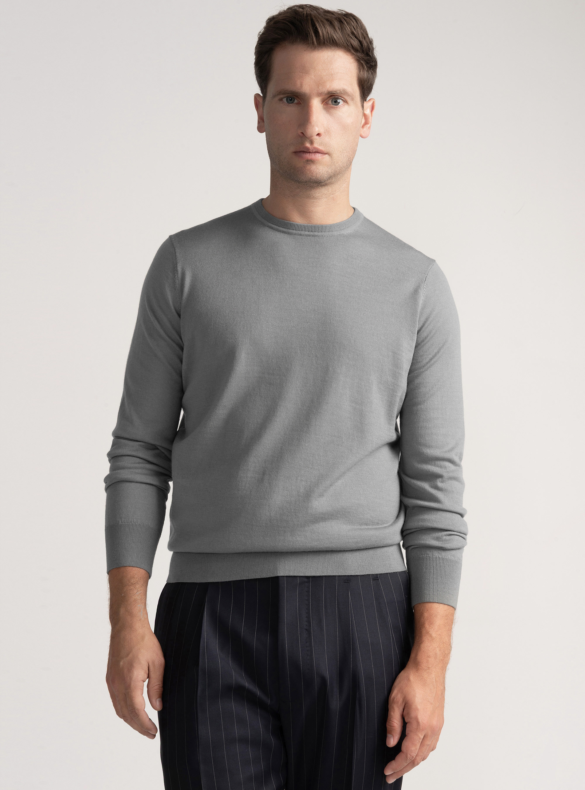 Crew-neck sweater in pure extra-fine merino wool, GREY