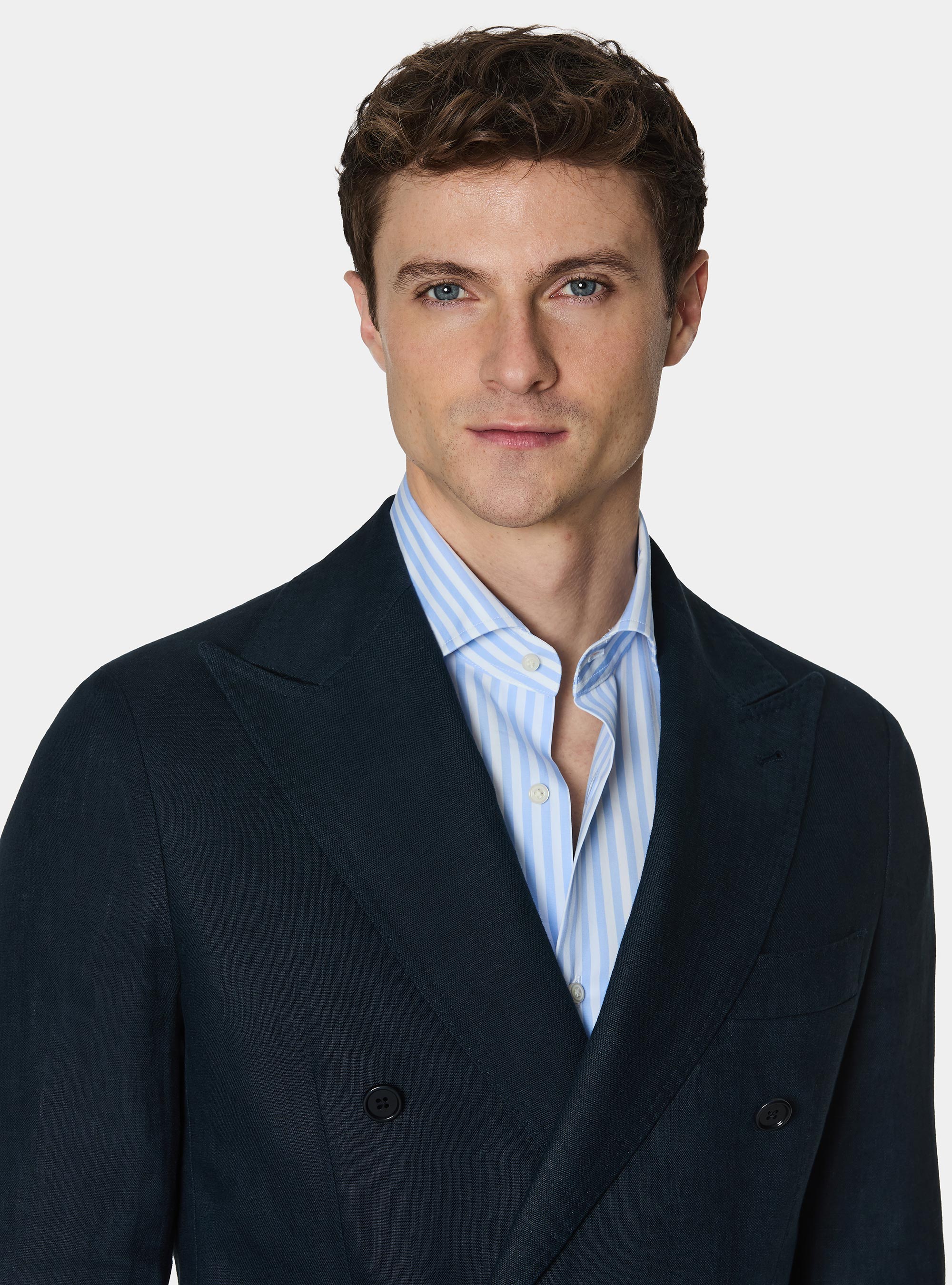 Double-breasted blazer in pure linen, NAVY BLUE