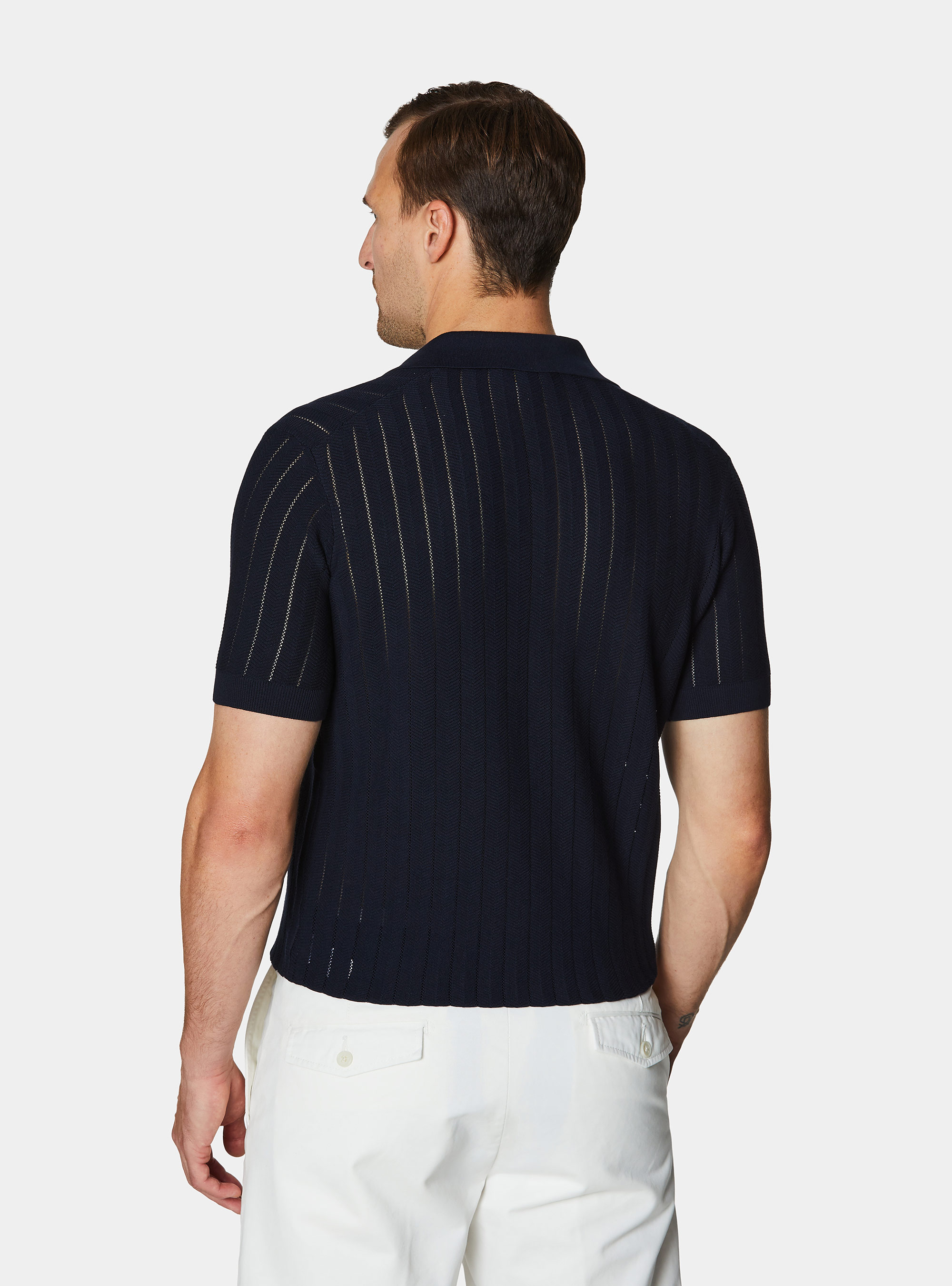 Polo perforado de algod&oacute;n a rayas, AZUL MARINO