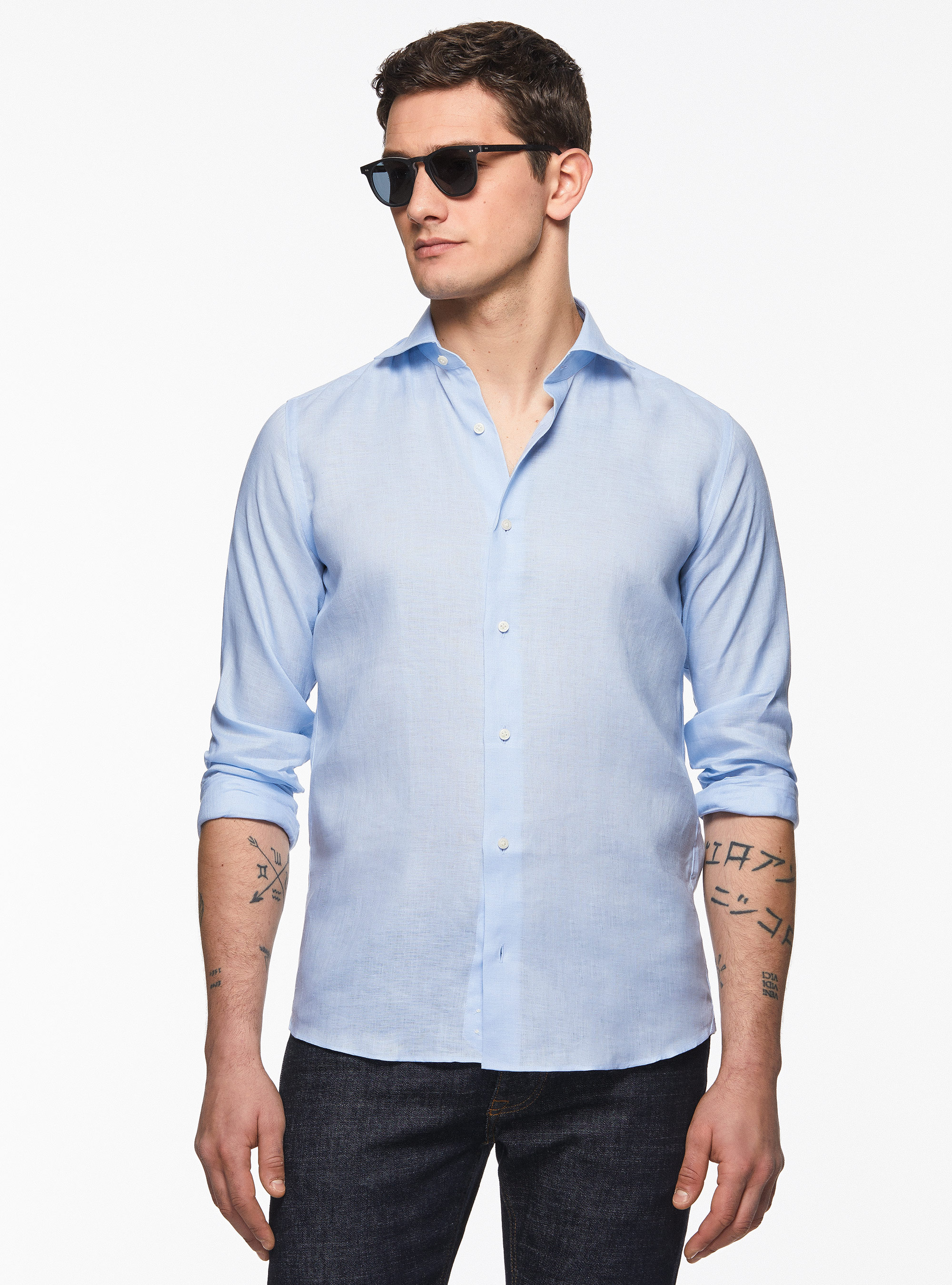 Camicia in puro lino con collo semi francese, AZZURRO