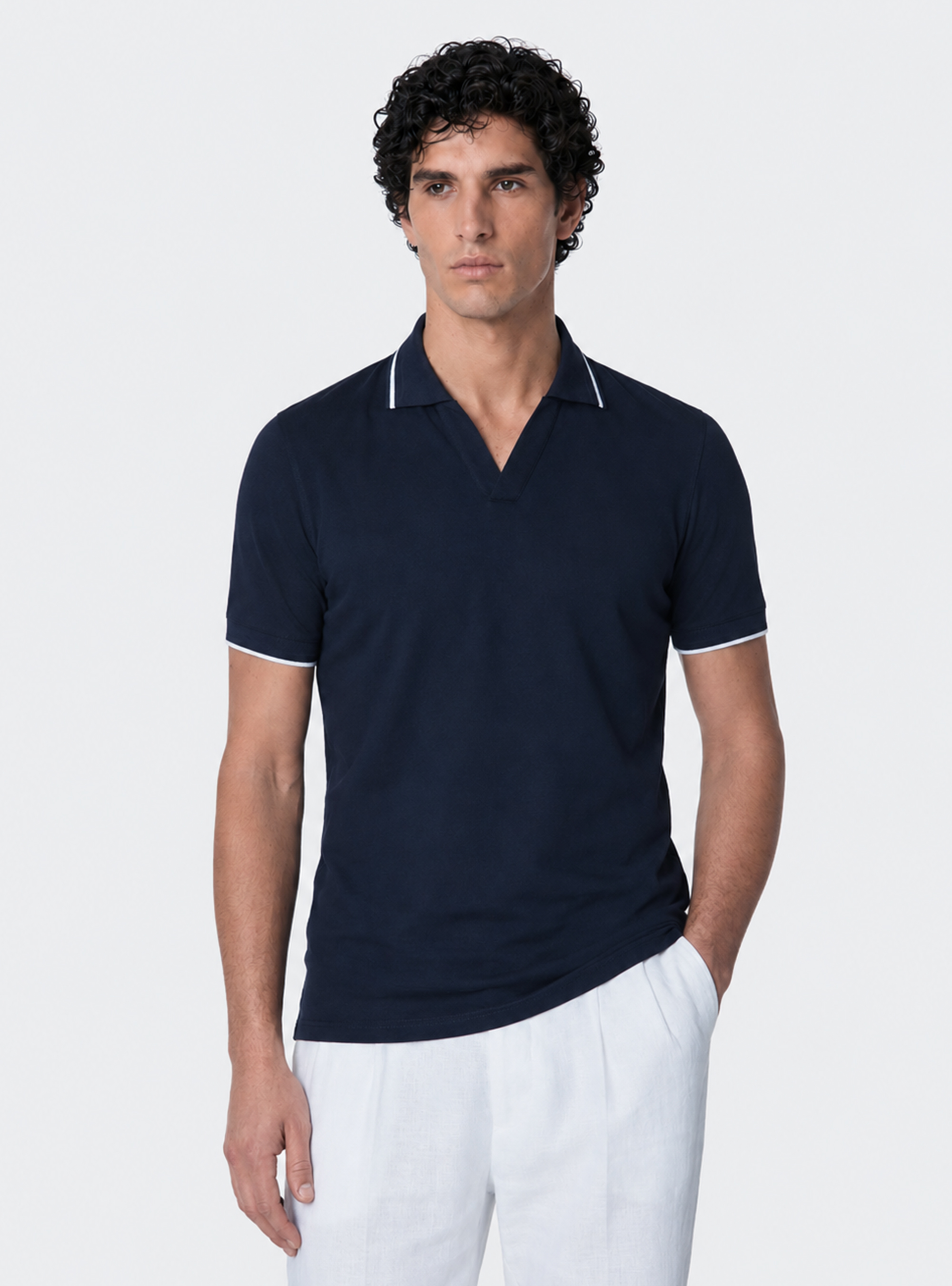 GT01 buttonless stretch pique polo shirt, NAVY BLUE