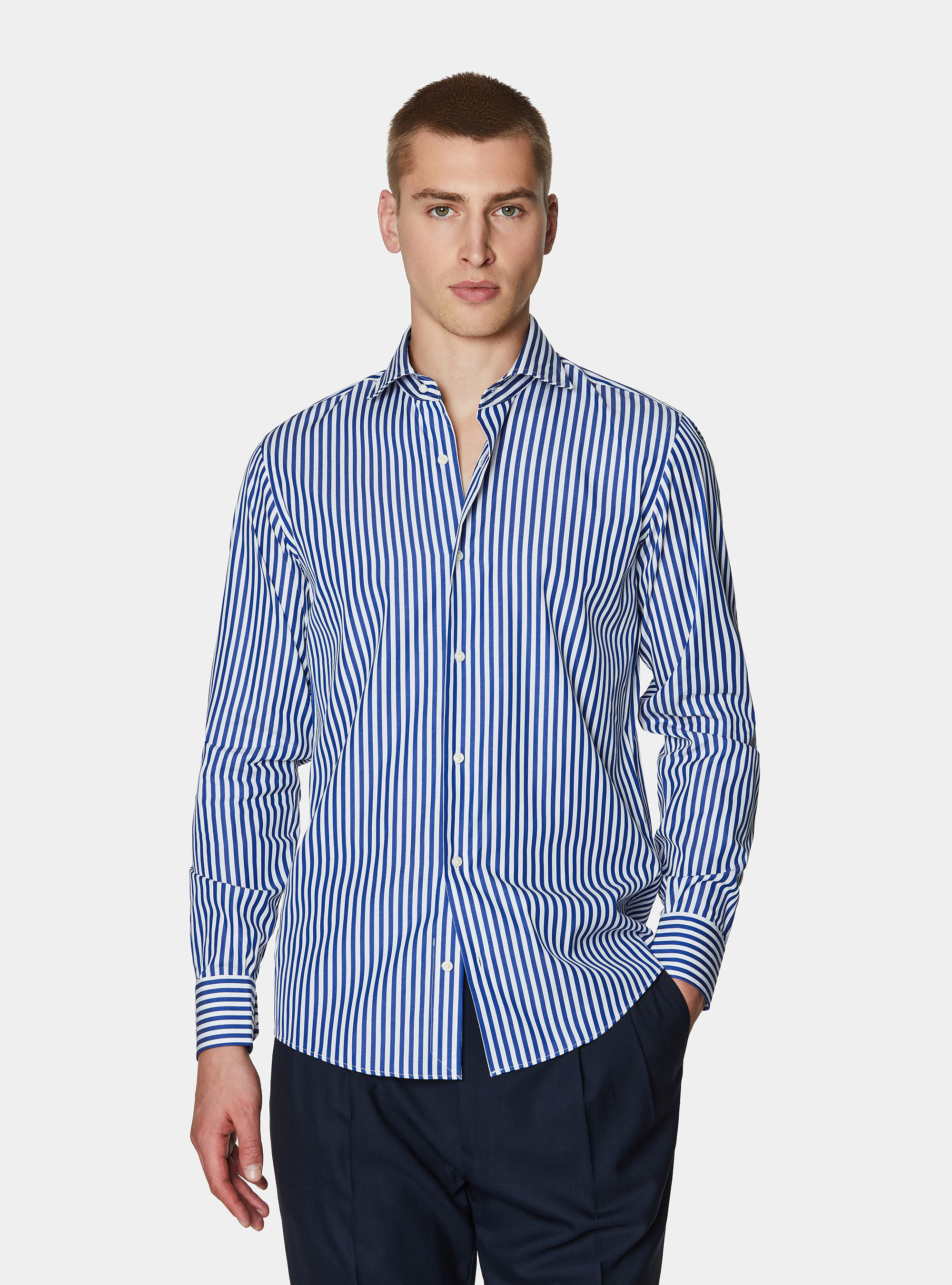 Wide-striped cotton poplin shirt, BLUE