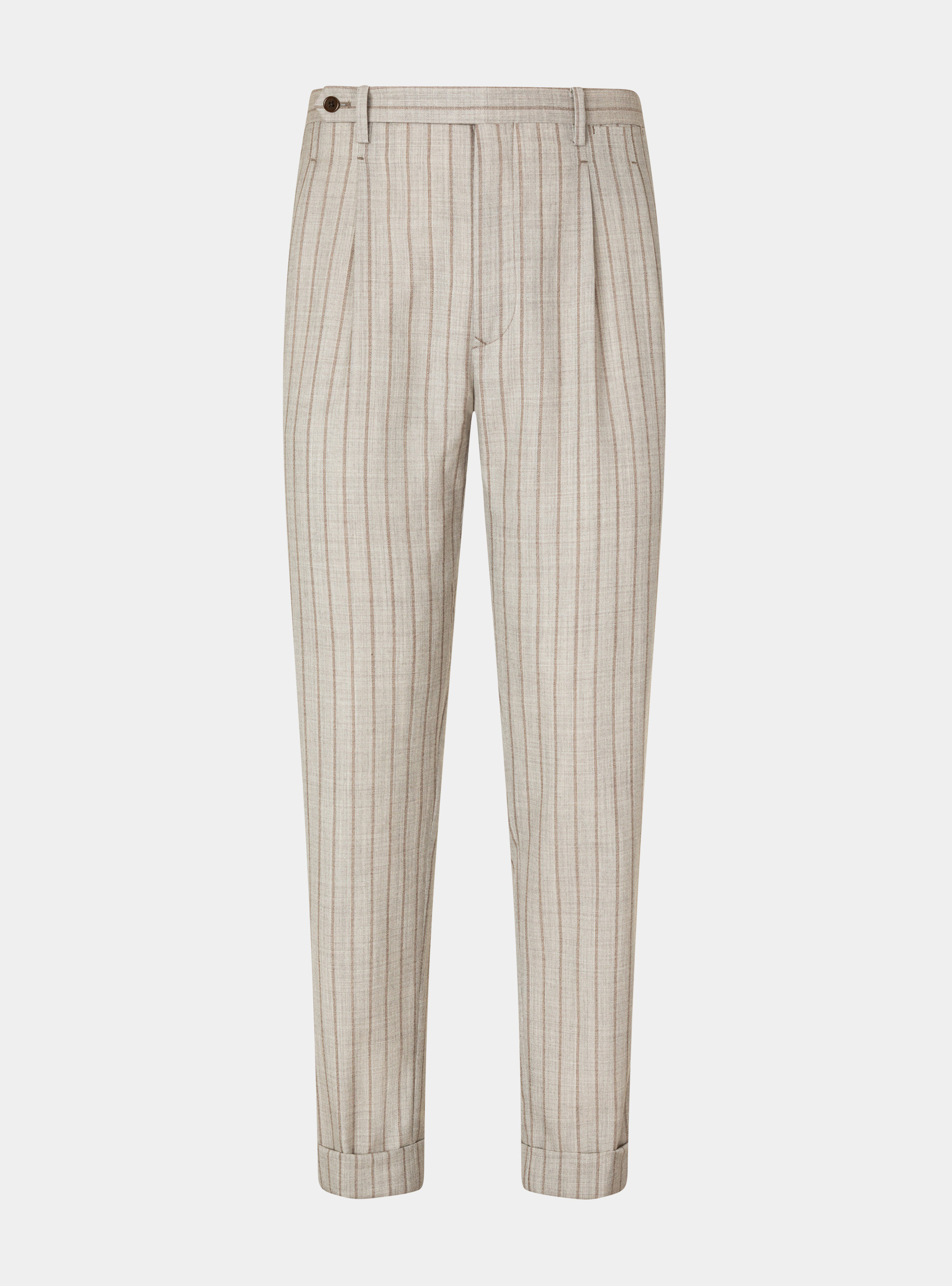 Pantalon &agrave; pinces doubles en pure laine ray&eacute;e, SABLE