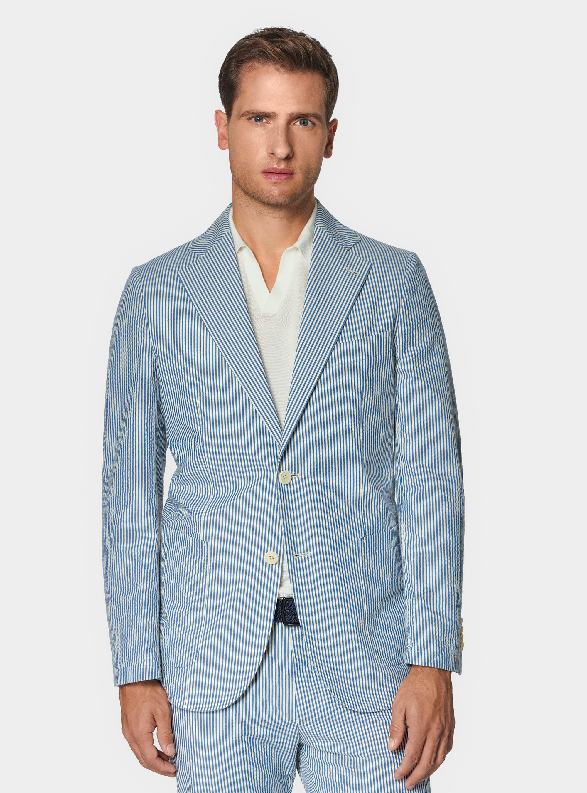 Striped blazer in seersucker cotton, BLUE