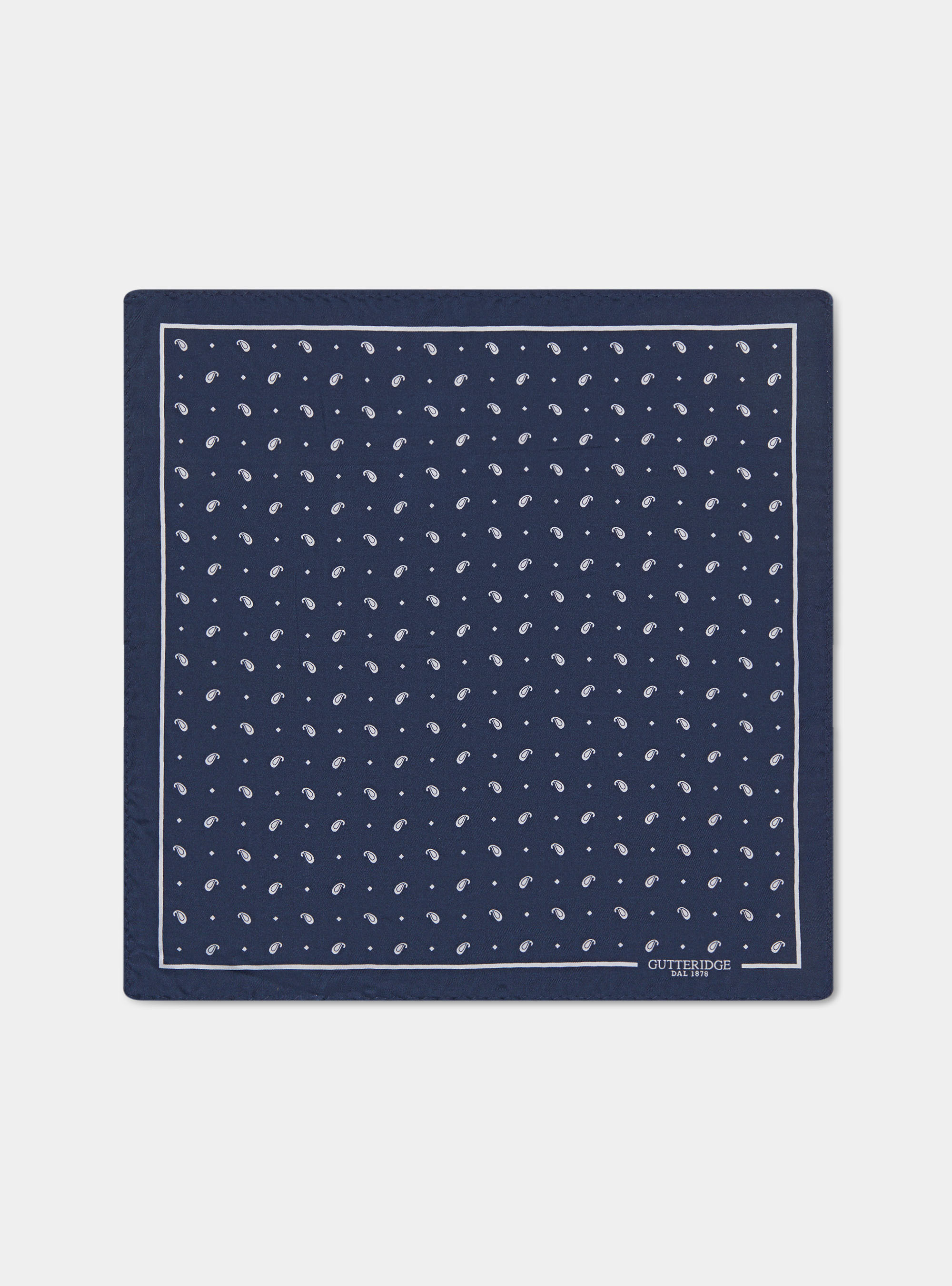 Printed silk paisley pocket square, B053 NAVY/BIANCO
