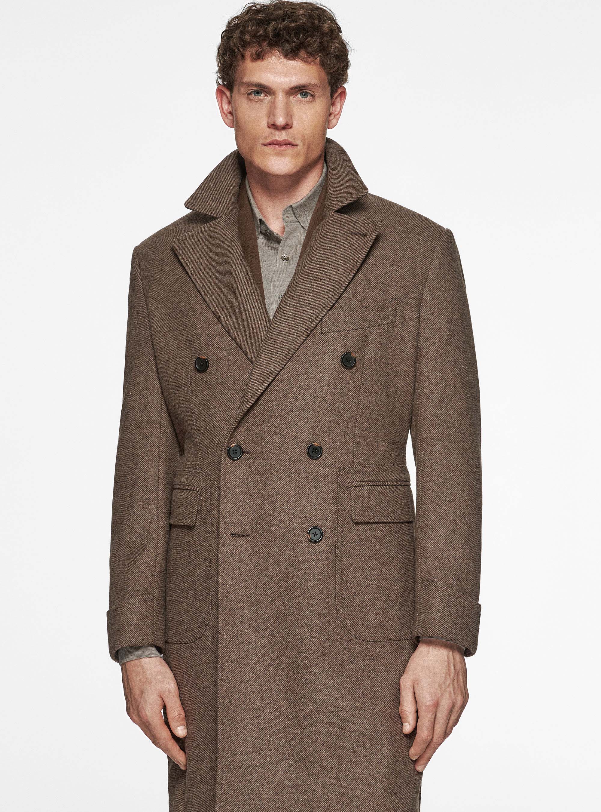Wool and silk diagonal double-breasted coat, BROWN