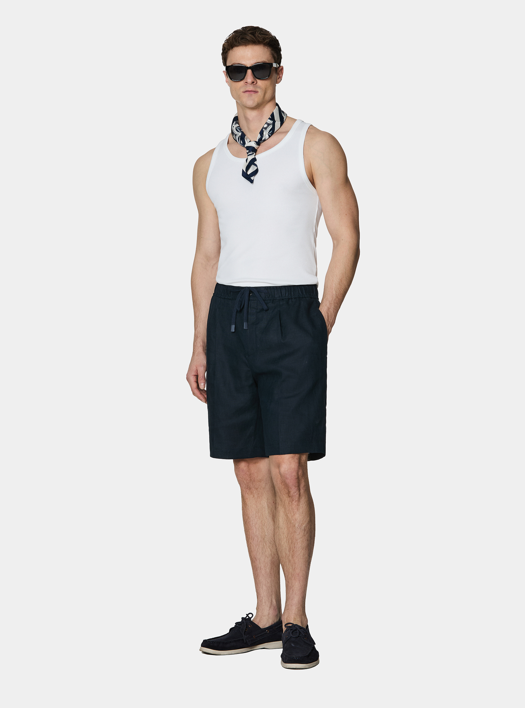 Linen Bermuda shorts with drawstring, NAVY BLUE