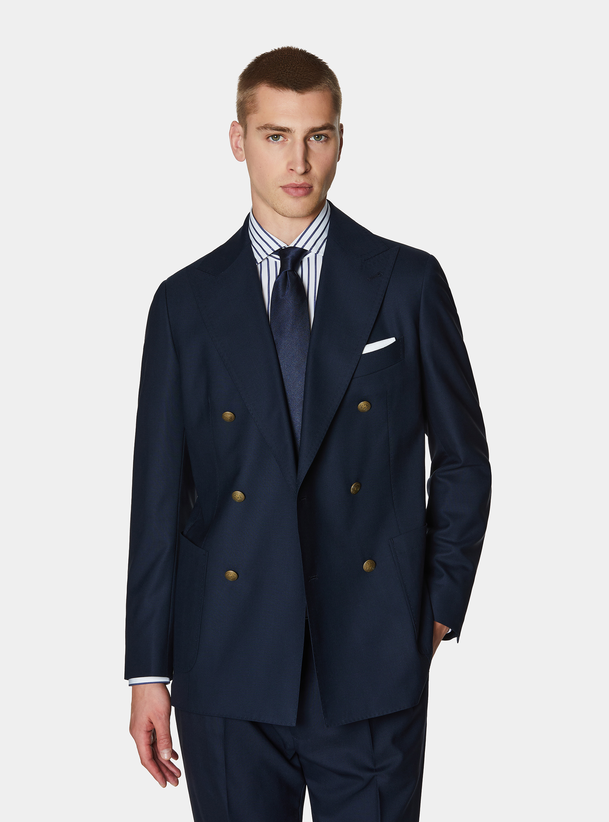 Double-breasted blazer in pure wool with metal buttons, NAVY