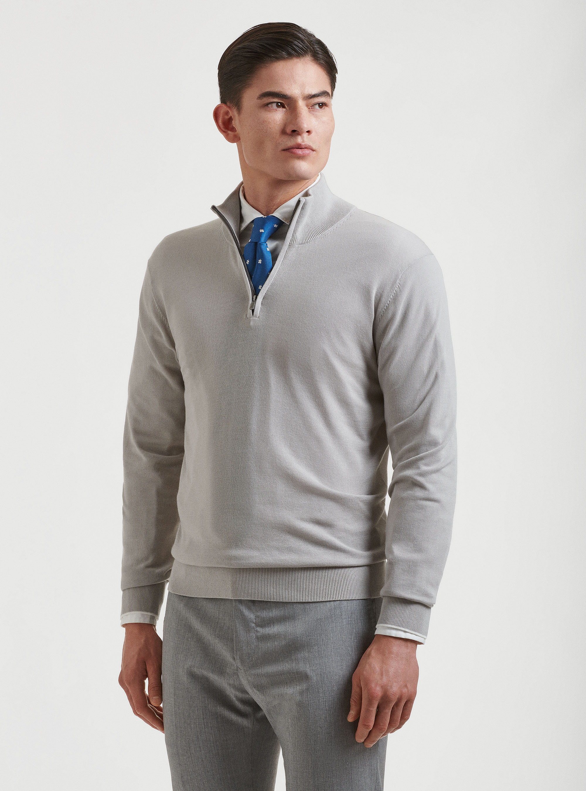 Maglia mezza zip in puro cotone extrafine, GRIGIO CHIARO MELANGE