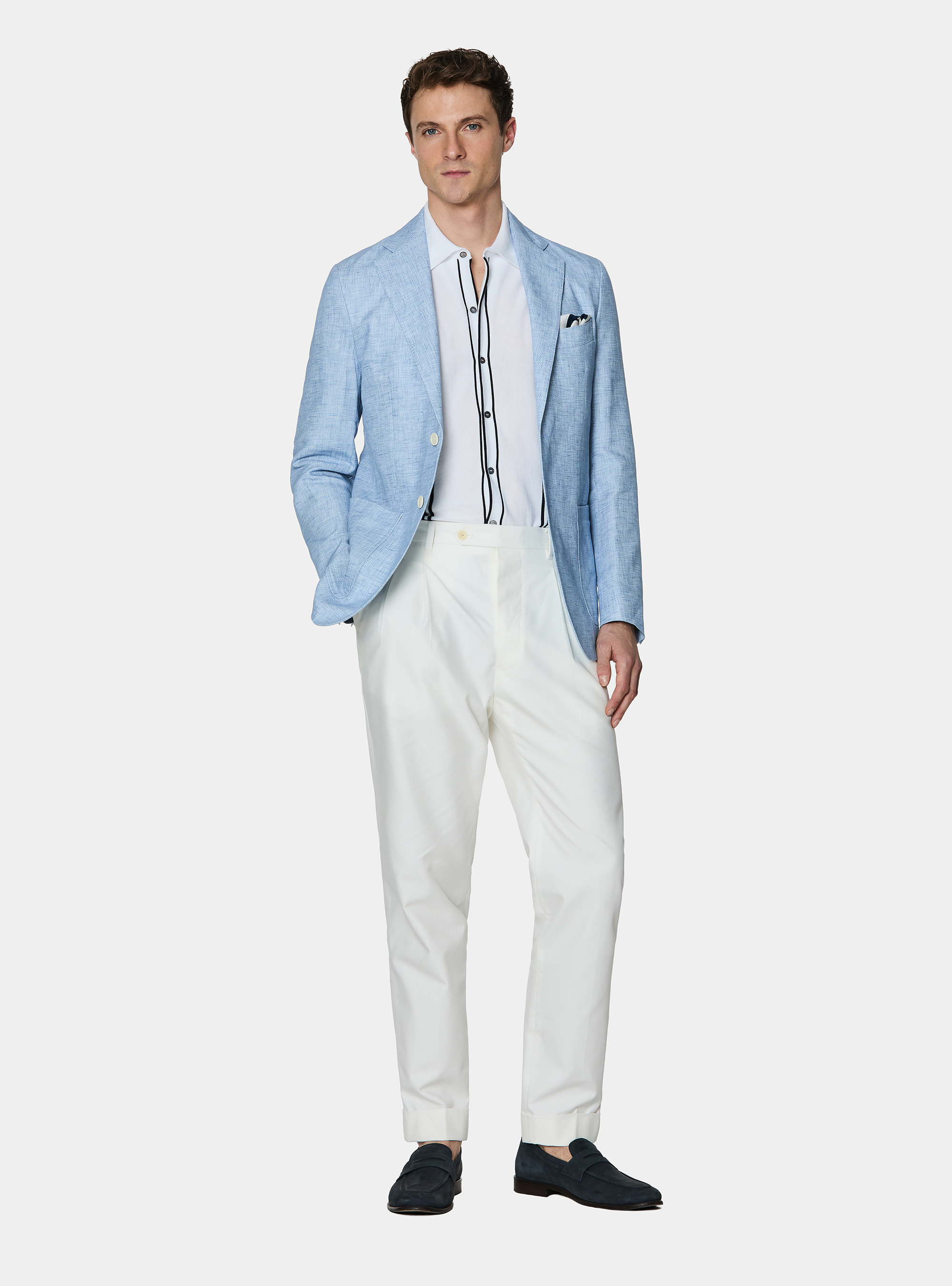 Blazer in cotton and slubbed linen, LIGHT BLUE